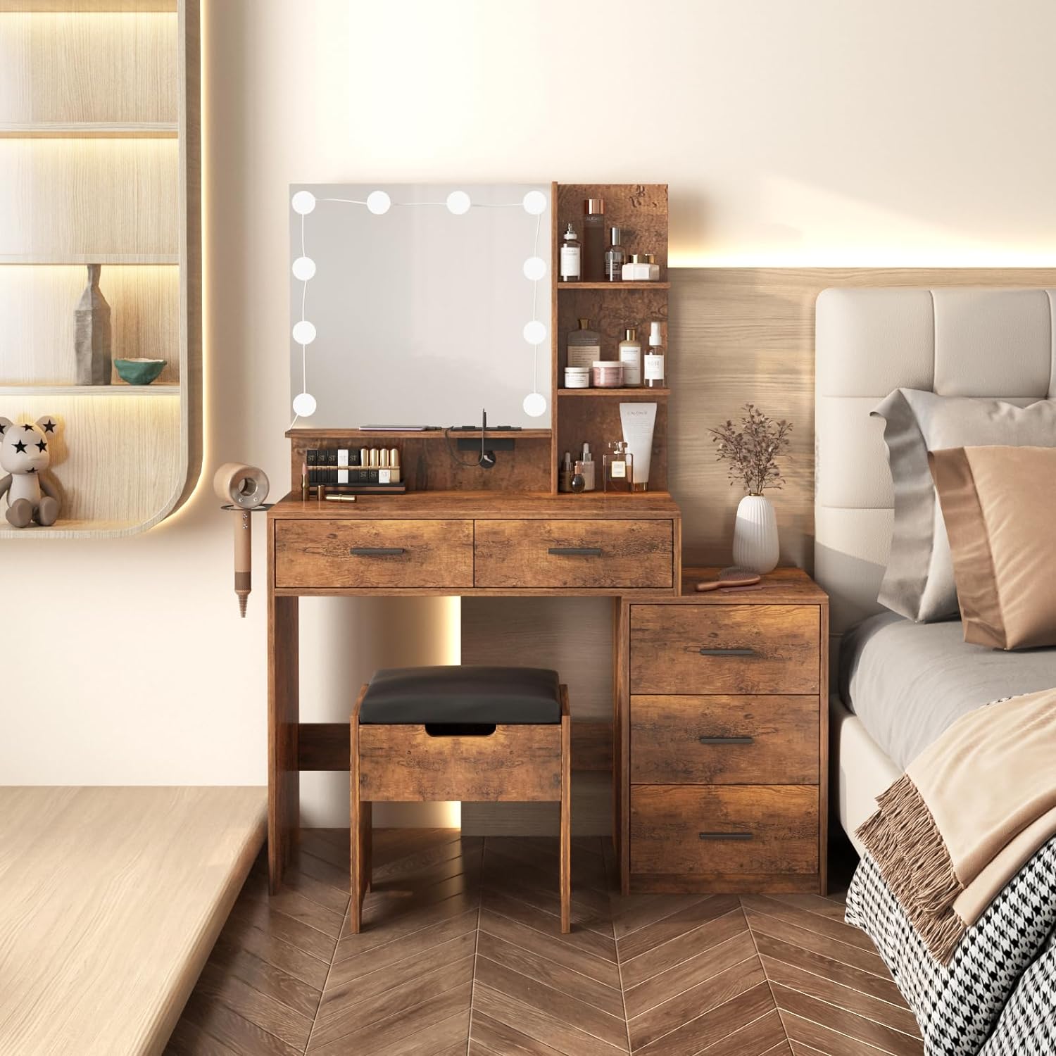 Maupvit Vanity Desk with Mirror and Lights, White Vanity with Bedside Table, 5 Drawers Large Capacity, Metal Silver Handle, Makeup Vanity with 10 Led Lights And Charging Station