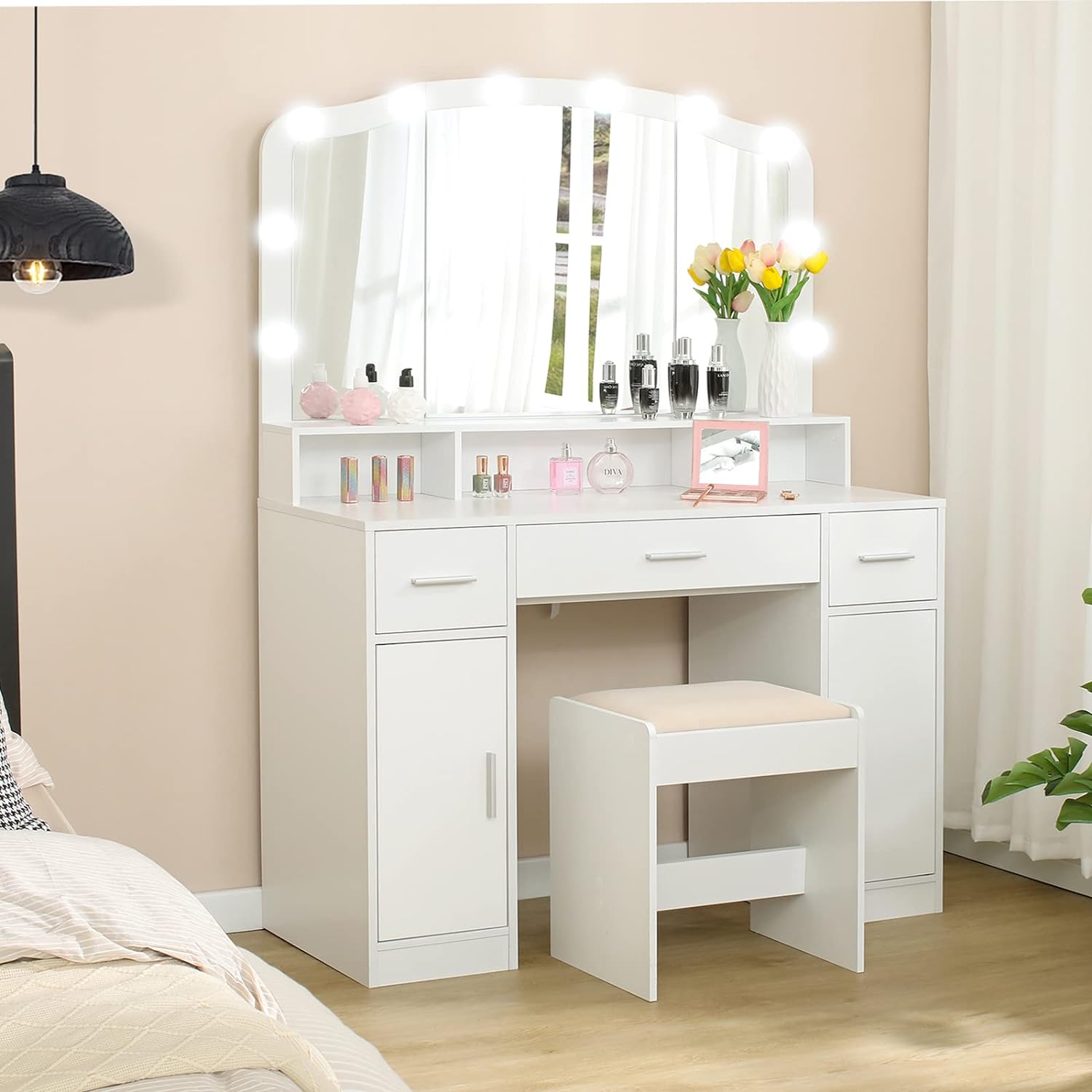 usikey Large Vanity Desk with Large Lighted Mirror, Modern Makeup Vanity Table with 3 Drawers, 2 Storage Cabinets & 10 LED Bulbs, Bedroom Dressing Table with Cushioned Stool for Women, White