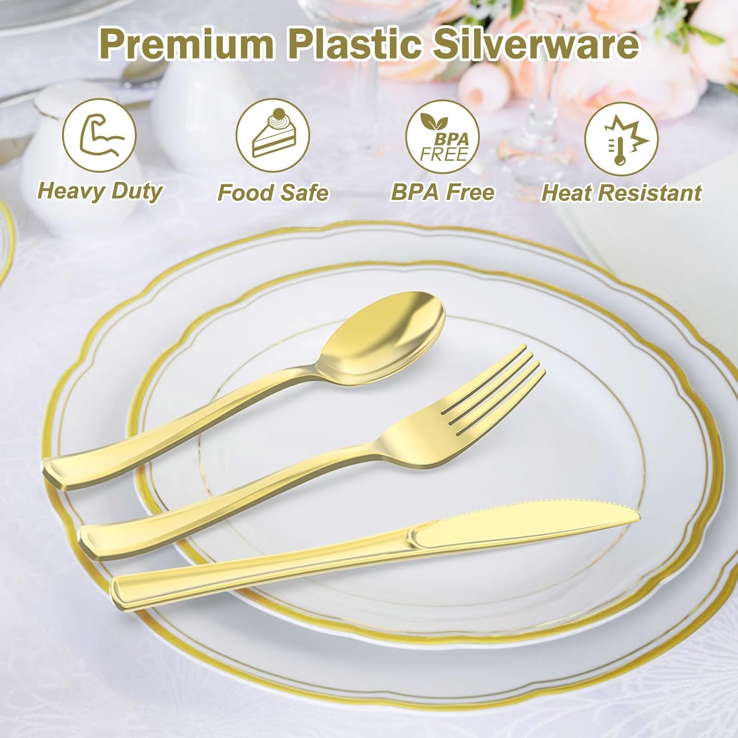 200 Count Heavy Duty Gold Plastic Silverware, 100 Forks, 50 Spoons, 50 Knives, BPA-Free, Heat Resistant, Disposable Gold Plastic Utensils Set, Gold Plastic Cutlery Set, Plasticware Bulk
