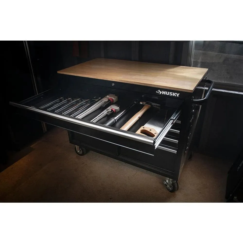 —46 in. W x 24.5 in. D 9-Drawer Gloss Black Deep Tool Chest Mobile Workbench with Hardwood Top and Power Station