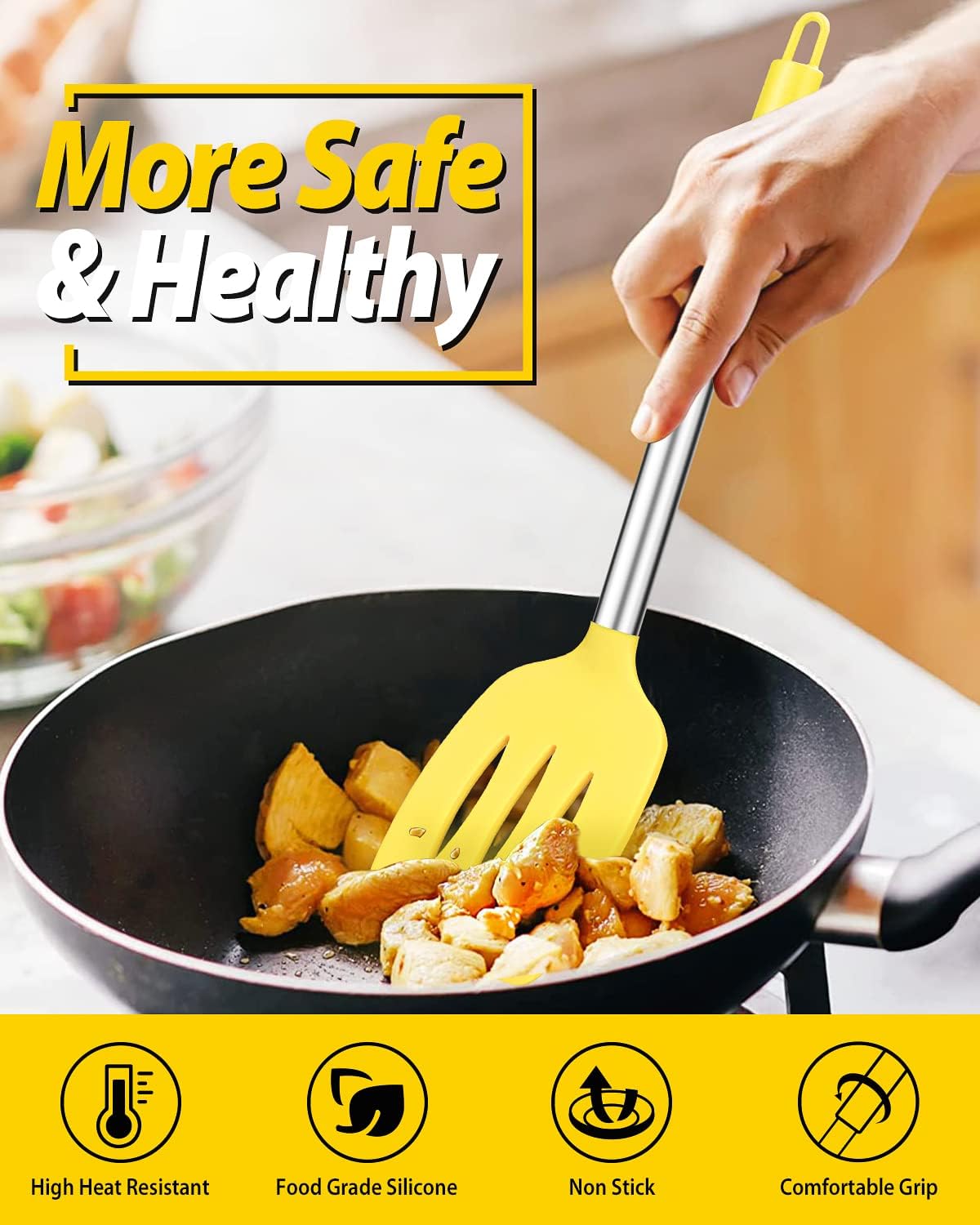 Pack of 2 Silicone Solid Turner,Non Stick Slotted Kitchen Spatulas,High Heat Resistant BPA Free Cooking Utensils,Ideal Cookware for Fish,Eggs,Pancakes (Black)