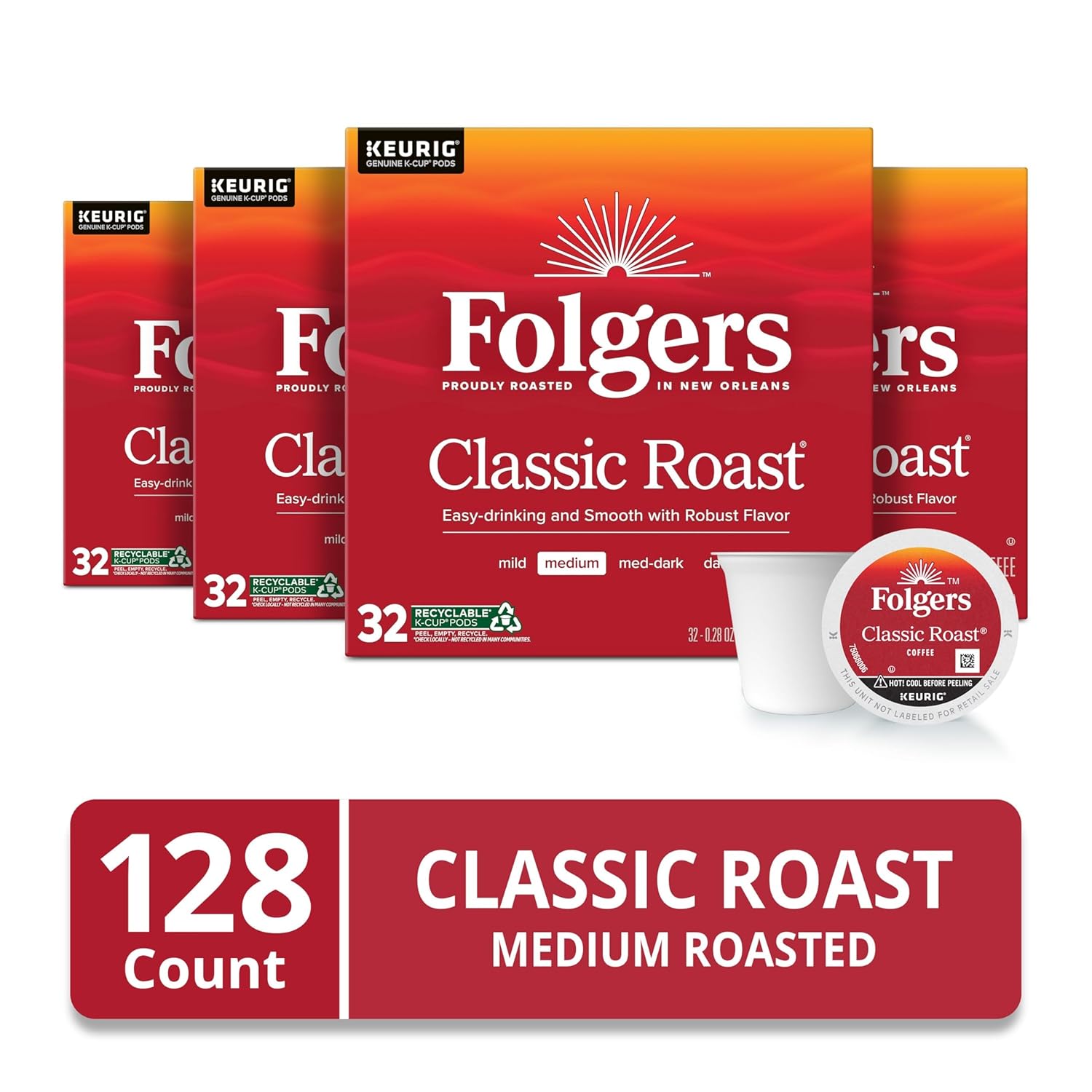 Folgers Classic Roast Medium Roast Coffee, 72 Keurig K-Cup Pods