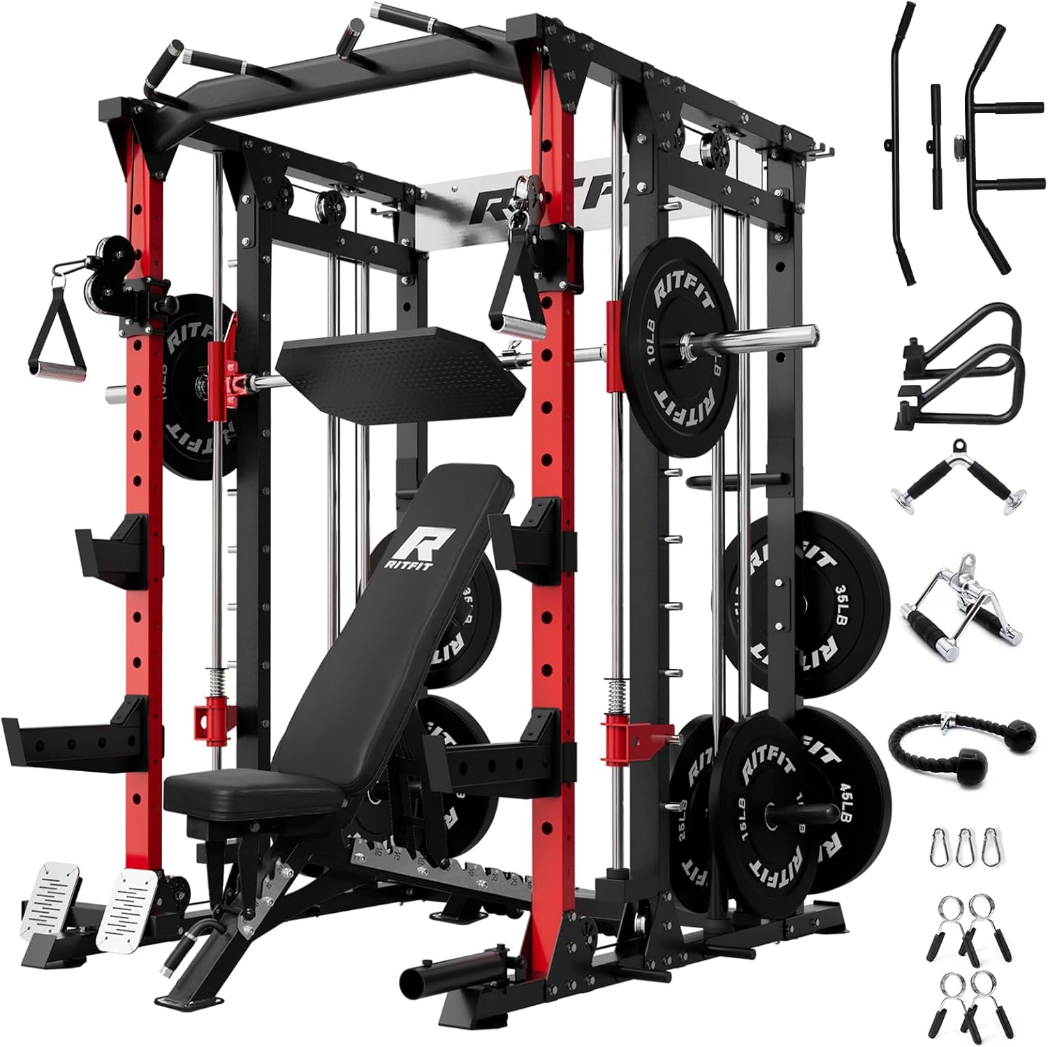 RitFit Buffalo Smith Machine, Power cage with LAT-Pull Down System & Cable Crossover System, All-in-One Squat Rack for Home Gym, Power Rack