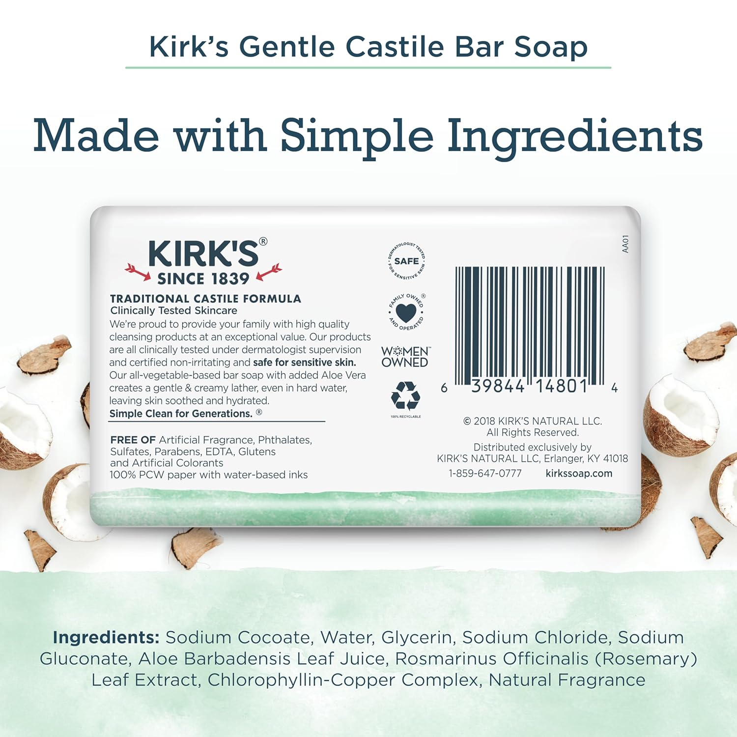 Kirk's Castile Bar Soap for Men, Women & Children - Made With Premium Coconut Oil, Sensitive Skin Formula, Vegan, Non GMO, Original Fresh Scent, 4 oz. Bars, 6 Pack