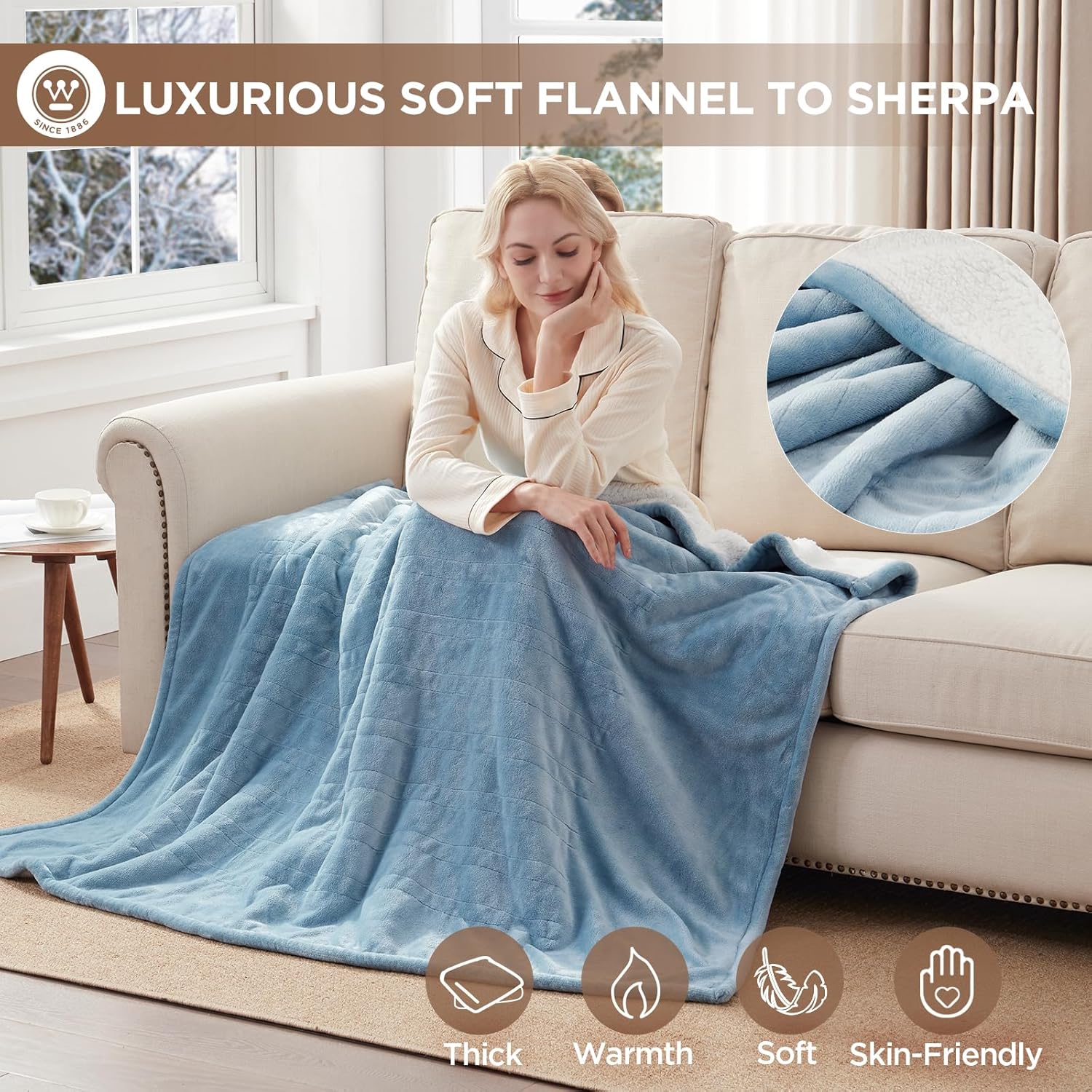 Westinghouse Heated Throw Blanket, Soft Flannel to Sherpa Electric Throw with 6 Heating Levels, 2-10 Hours Time Settings, Fast Heating, Machine Washable 50x60 Inch, Charcoal