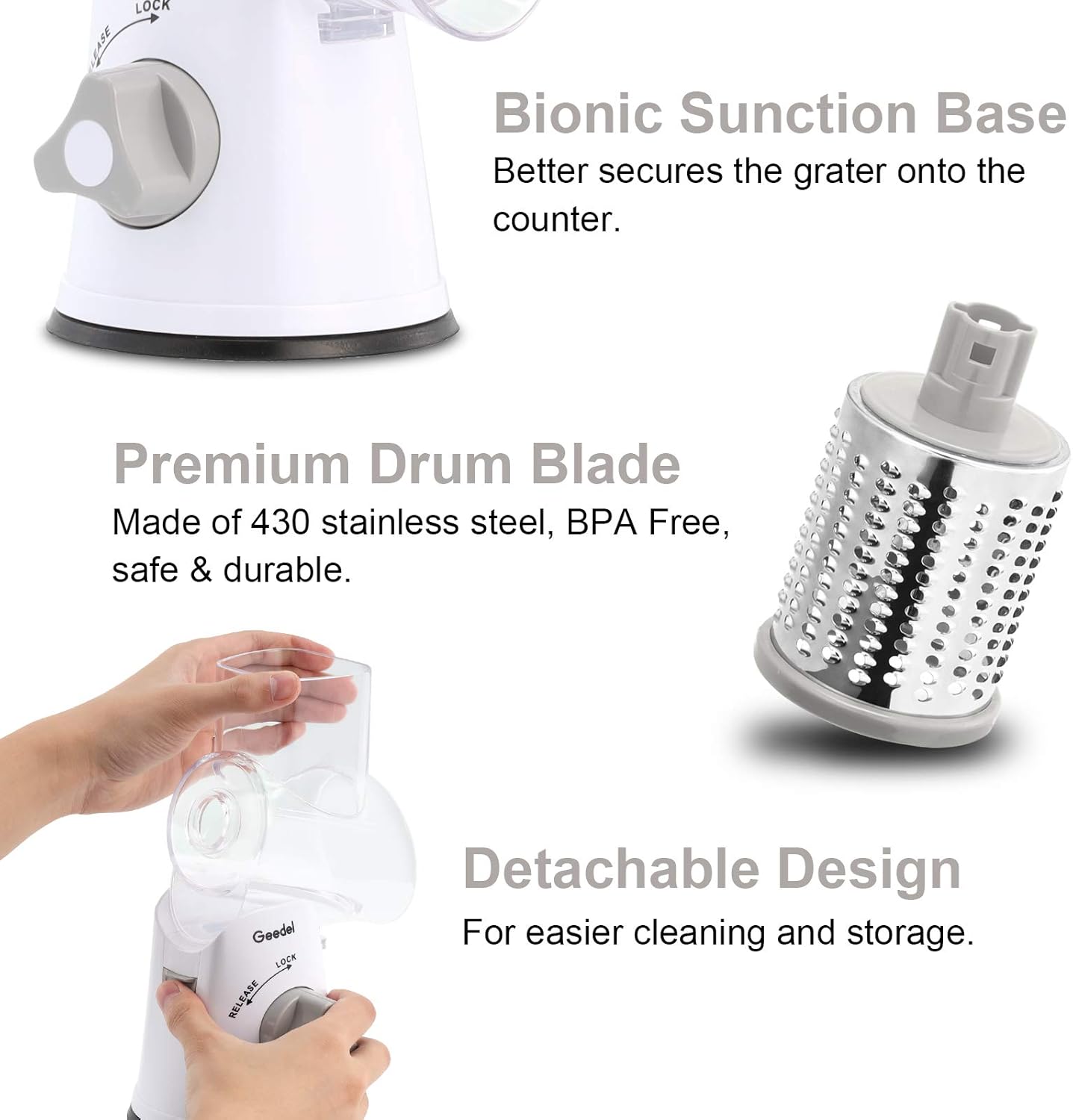 Geedel Rotary Cheese Grater, Kitchen Mandoline Vegetable Slicer with 3 Interchangeable Blades, Easy to Clean Grater for Fruit, Vegetables, Nuts