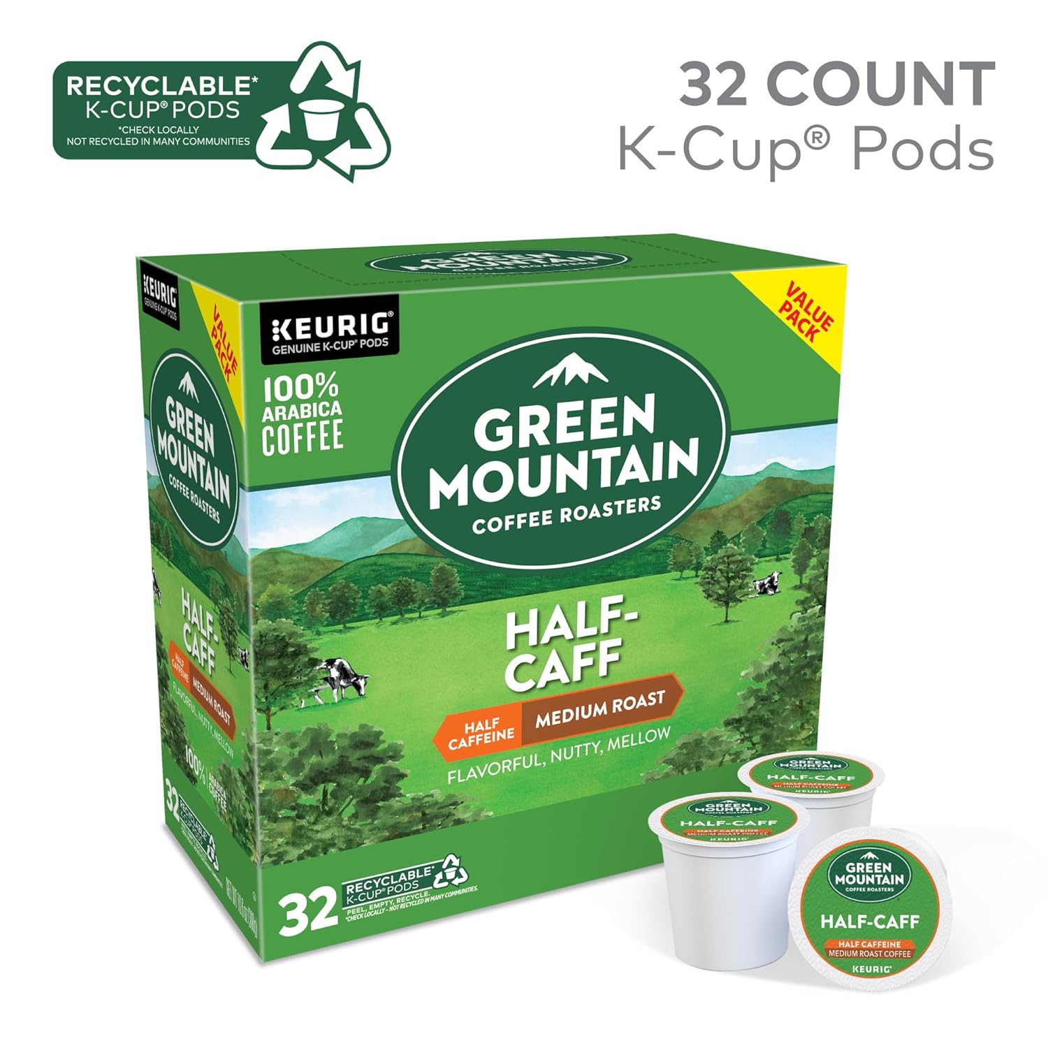 Green Mountain Coffee Roasters Half Caff Keurig Single-Serve K-Cup pods, Medium Roast Coffee, 72 Count (6 Packs of 12)
