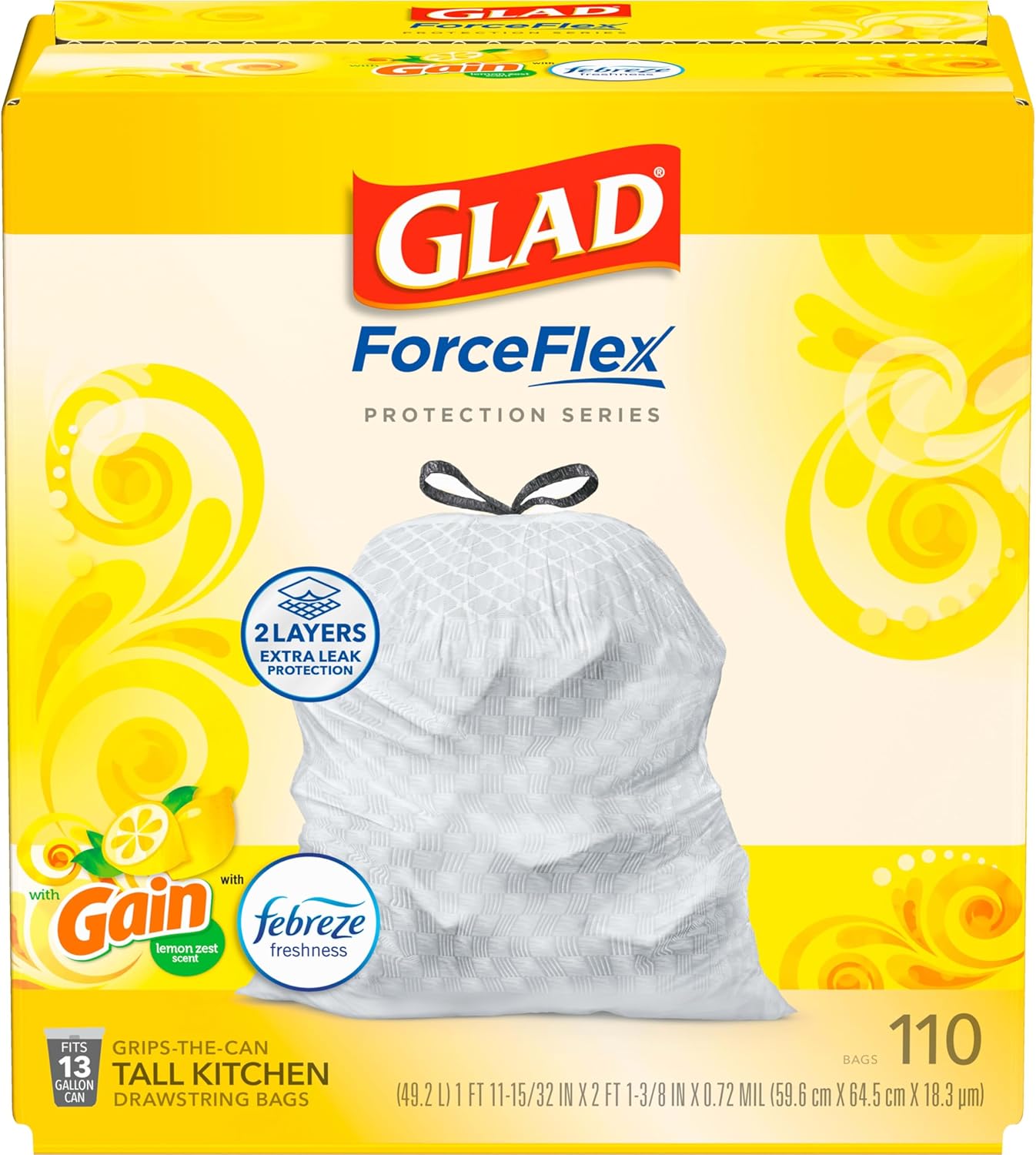 Glad Tall Kitchen Drawstring Trash Bags - Odorshield 13 Gallon White Trash Bag, Febreze Fresh Clean, 110 Count