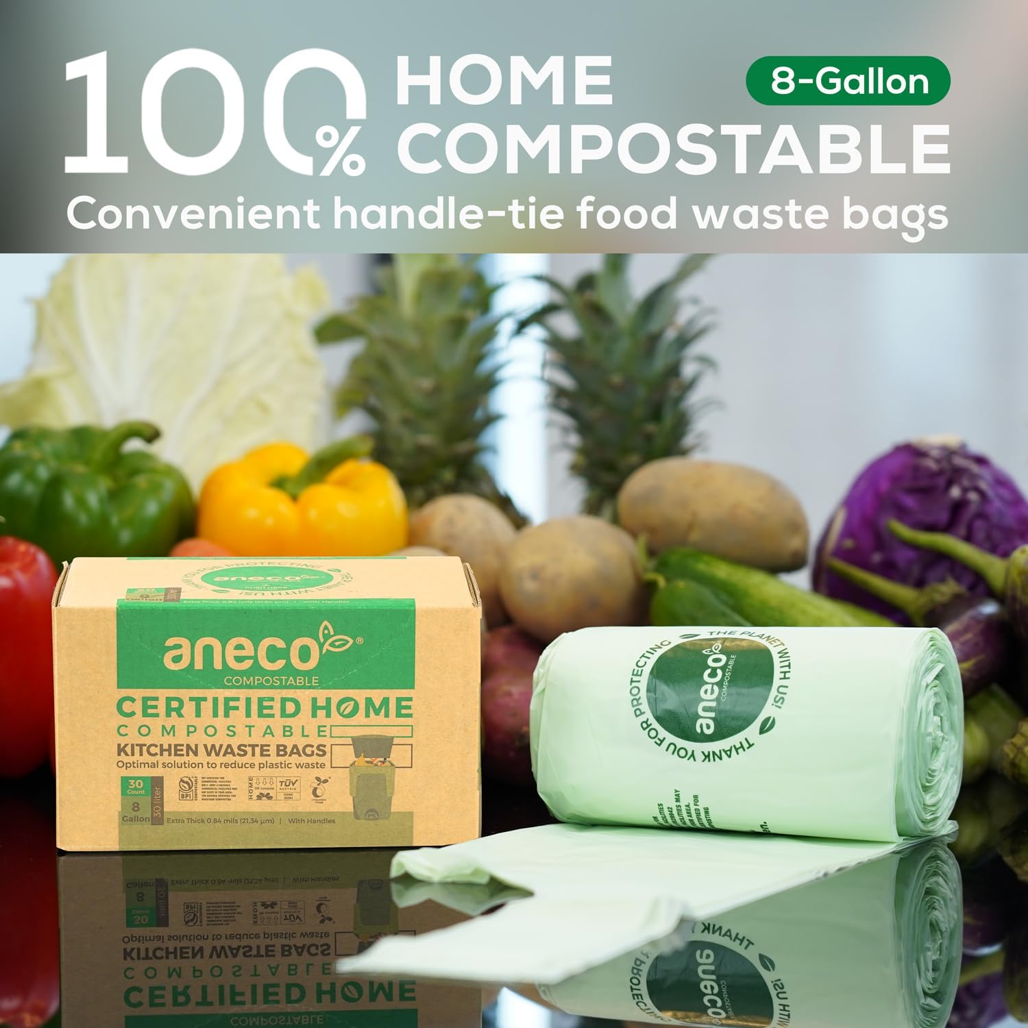 ANECO 100% Compostable Waste Bags 2.6 Gallon, Extra Thick Kitchen Small Compost Bags for Countertop Bin (100 Count)