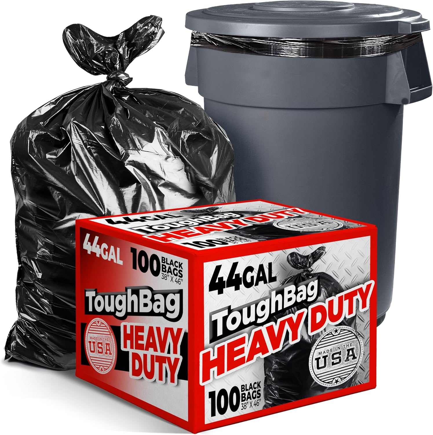 ToughBag 44 Gallon Commercial Trash Bags, 38x46” (100 COUNT) – 39, 40, 42 Gallon Contractor Bags, Black Garbage Bags, Trash Can Liners for Custodians, Landscapers, and Contractors - Made in USA