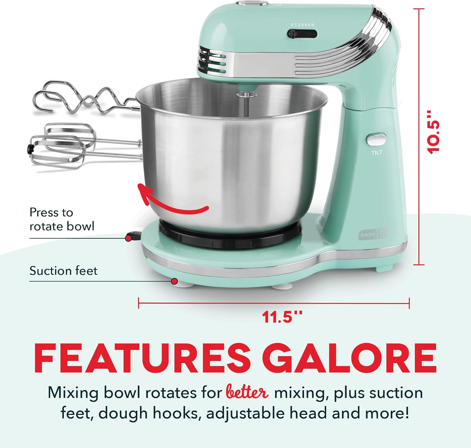Dash Stand Mixer (Electric Mixer for Everyday Use): 6 Speed Stand Mixer with 3 Quart Stainless Steel Mixing Bowl, Dough Hooks & Mixer Beaters for Dressings, Frosting, Meringues & More - Aqua