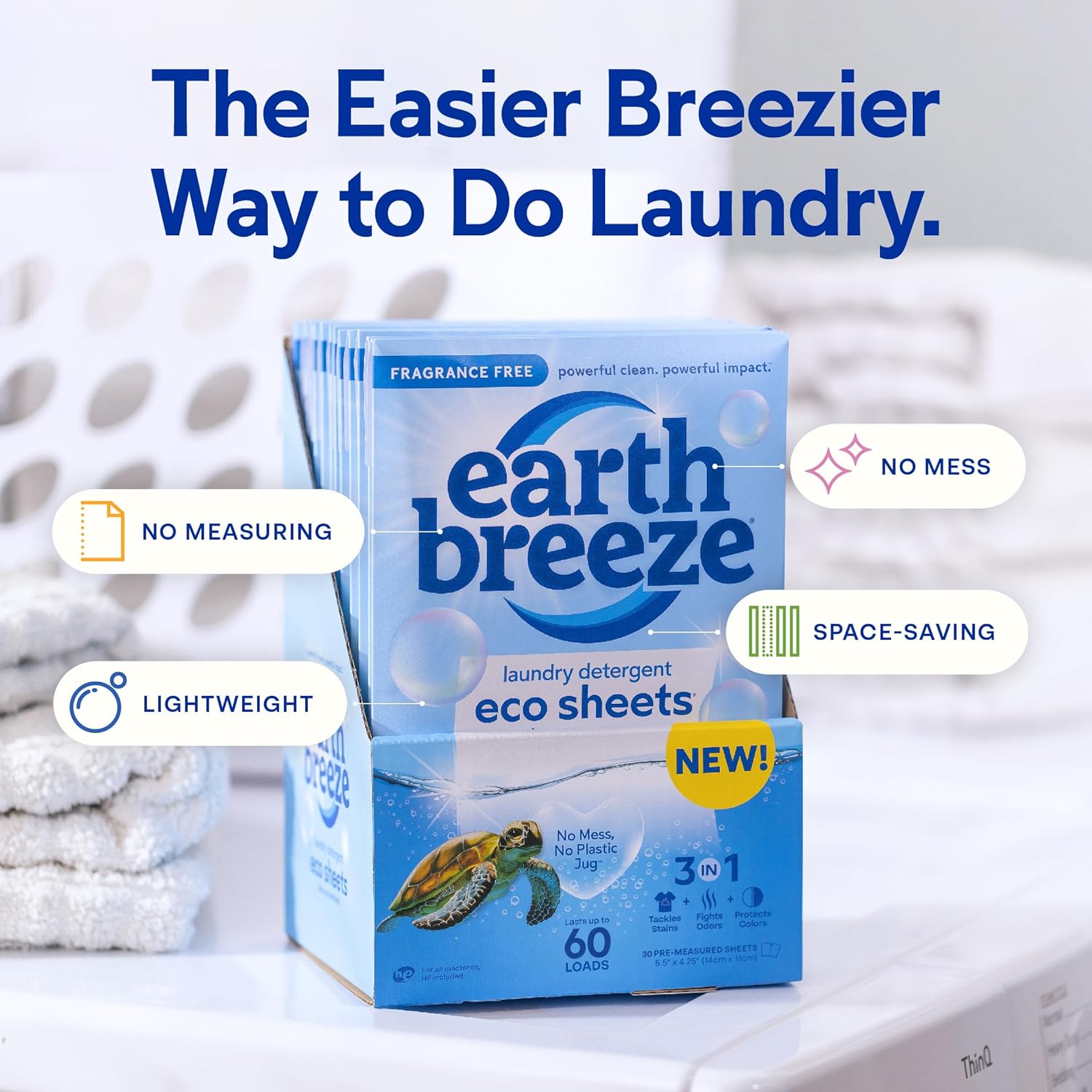 Earth Breeze Laundry Detergent Sheets Fresh Scent - 60 Loads No Plastic Jug Concentrated Laundry Detergent 30 Sheets