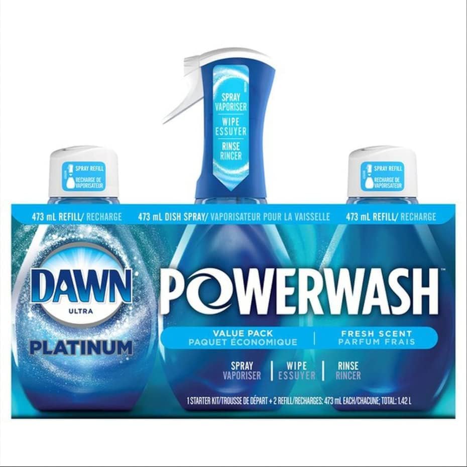 Dawn Platinum Powerwash Dish Spray, Dish Soap, Fresh Scent Bundle, 1 Spray (16oz) + 3 Refills (16oz each)