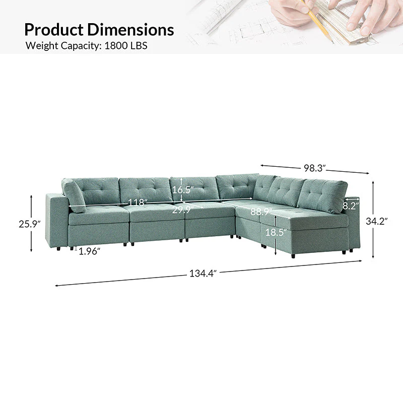Raquel Sectional Six-Seat Storage Full Armrests Sofa