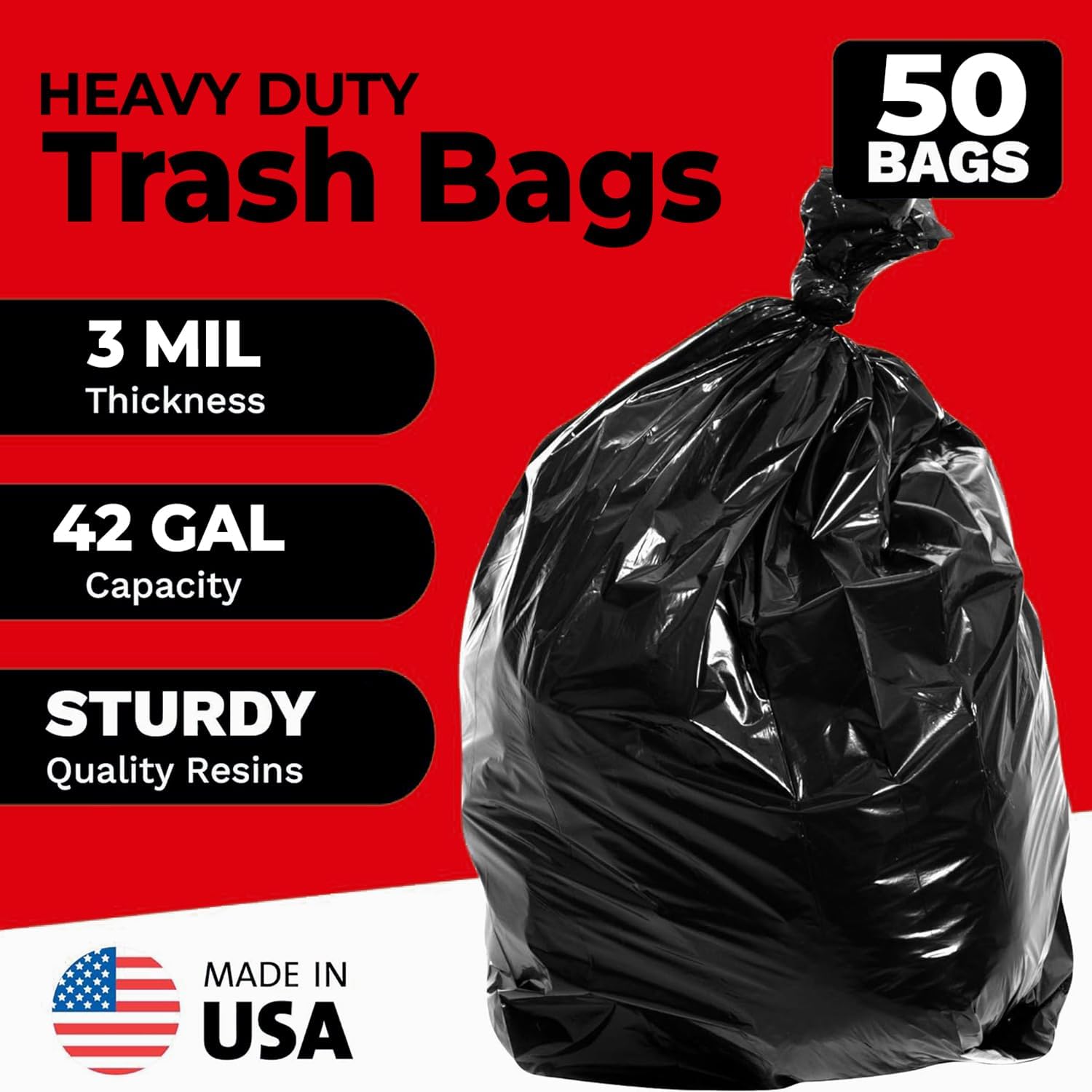 ToughBag 42 Gallon Trash Bags, 3 Mil Contractor Garbage Bags (50 COUNT) Heavy Duty Large Trash Can Liners, Black Garbage Bags, 38 x 48