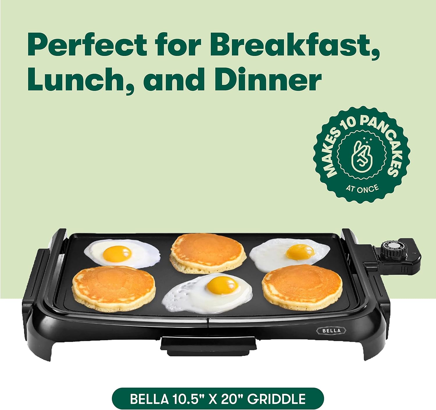BELLA Electric Ceramic Titanium Griddle, Make 10 Eggs At Once, Healthy-Eco Non-stick Coating, Hassle-Free Clean Up, Large Submersible Cooking Surface, 10.5