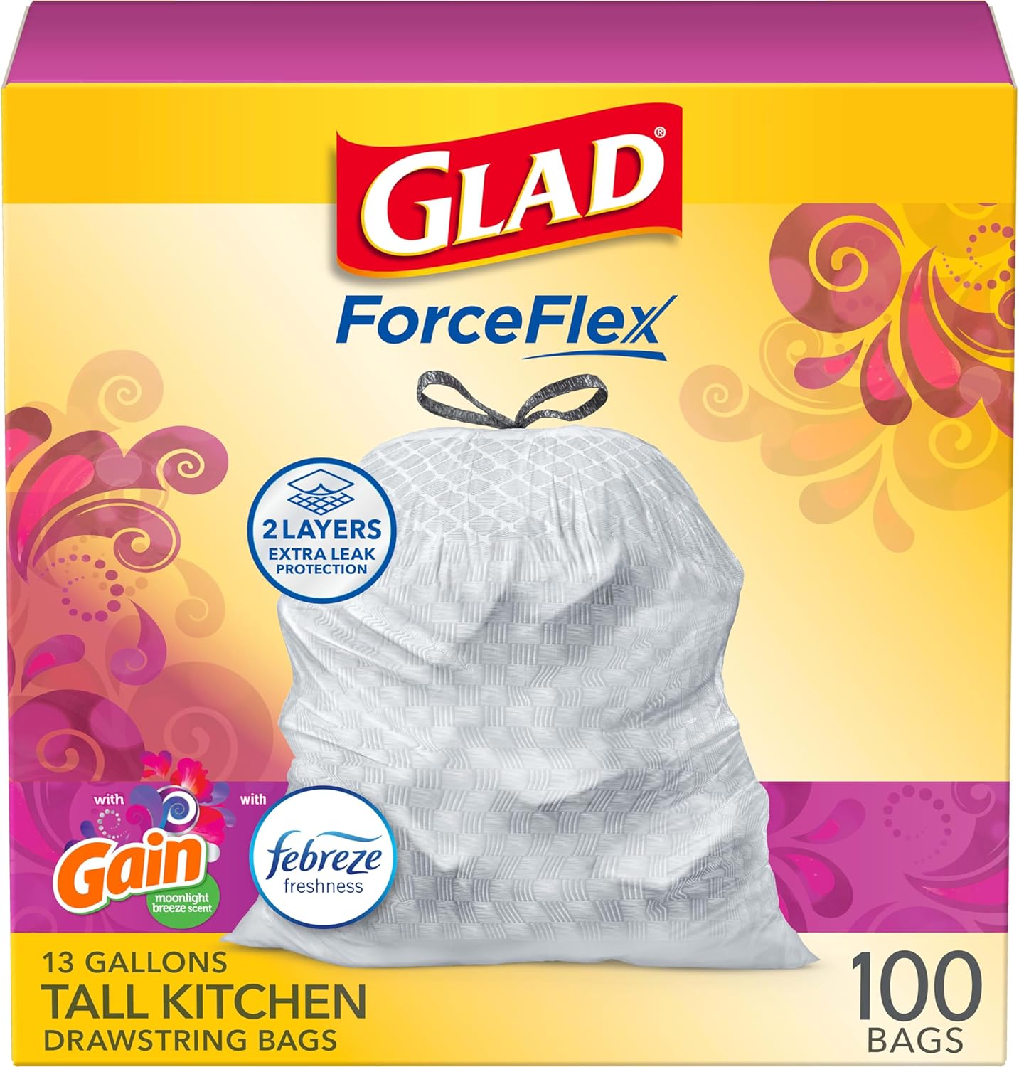 Glad Trash Bags, ForceFlex Tall Kitchen Drawstring Garbage Bags 13 Gallon White Trash Bag, Gain Moonlight Breeze scent with Febreze Freshness 100 Count (Package May Vary)