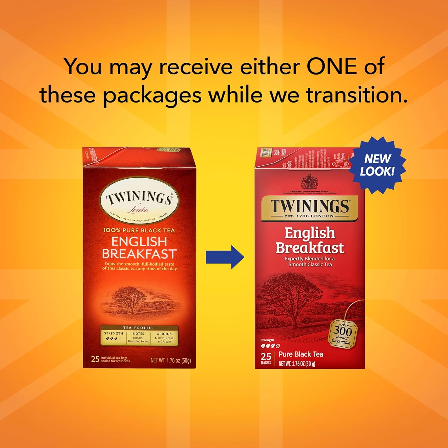 Twinings English Breakfast Black Tea Individually Wrapped Bags, 100 Count (Pack of 1), Smooth, Flavourful, and Robust, Caffeinated, Enjoy Hot or Iced | Packaging May Vary