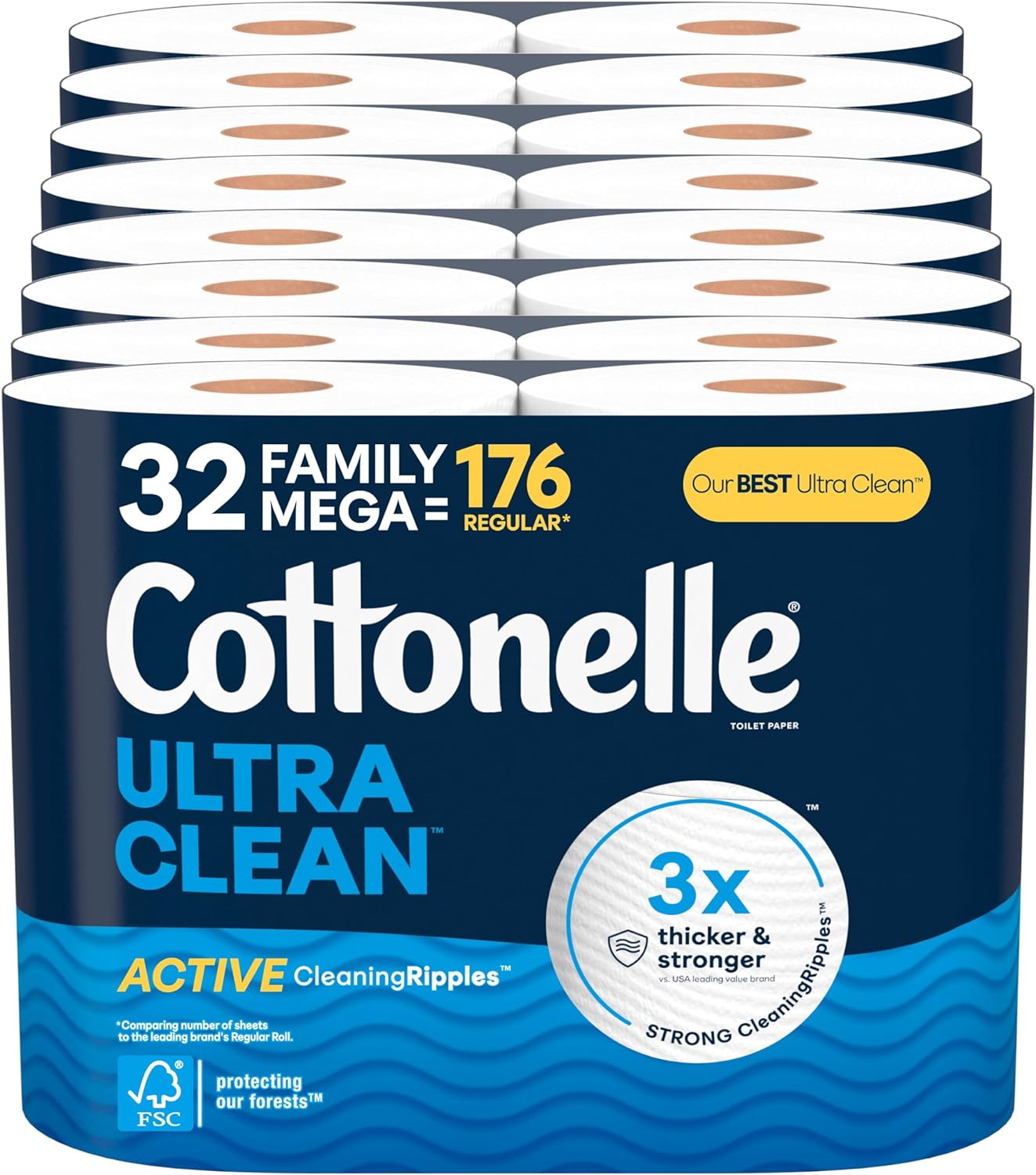 Cottonelle Ultra Clean Toilet Paper with Active CleaningRipples Texture, 24 Family Mega Rolls (24 Family Mega Rolls = 132 Regular Rolls) (4 Packs of 6), 353 Sheets Per Roll, Packaging May Vary