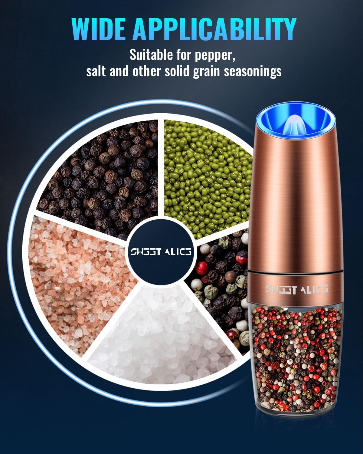 Sweet Alice Gravity Electric Pepper and Salt Grinder Set, Adjustable Coarseness, Battery Powered with LED Light, One Hand Automatic Operation, Stainless Steel Black, 2 Pack