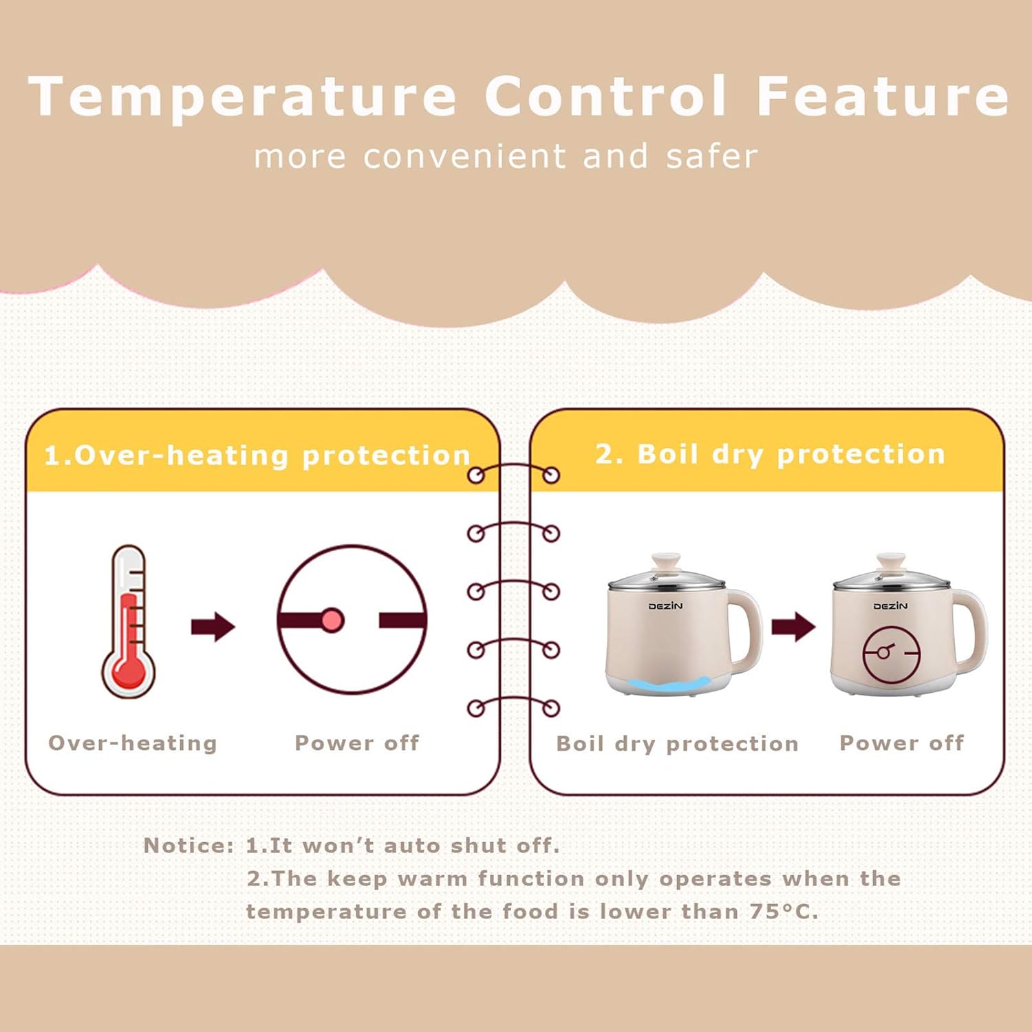 Dezin Electric Pot, 1.6L Ramen Cooker, Hot Pot Electric Stainless Steel, Multifunctional Electric Cooker for Egg, Pasta, Soup, Porridge, Oatmeal with Temperature Control and Keep Warm Function