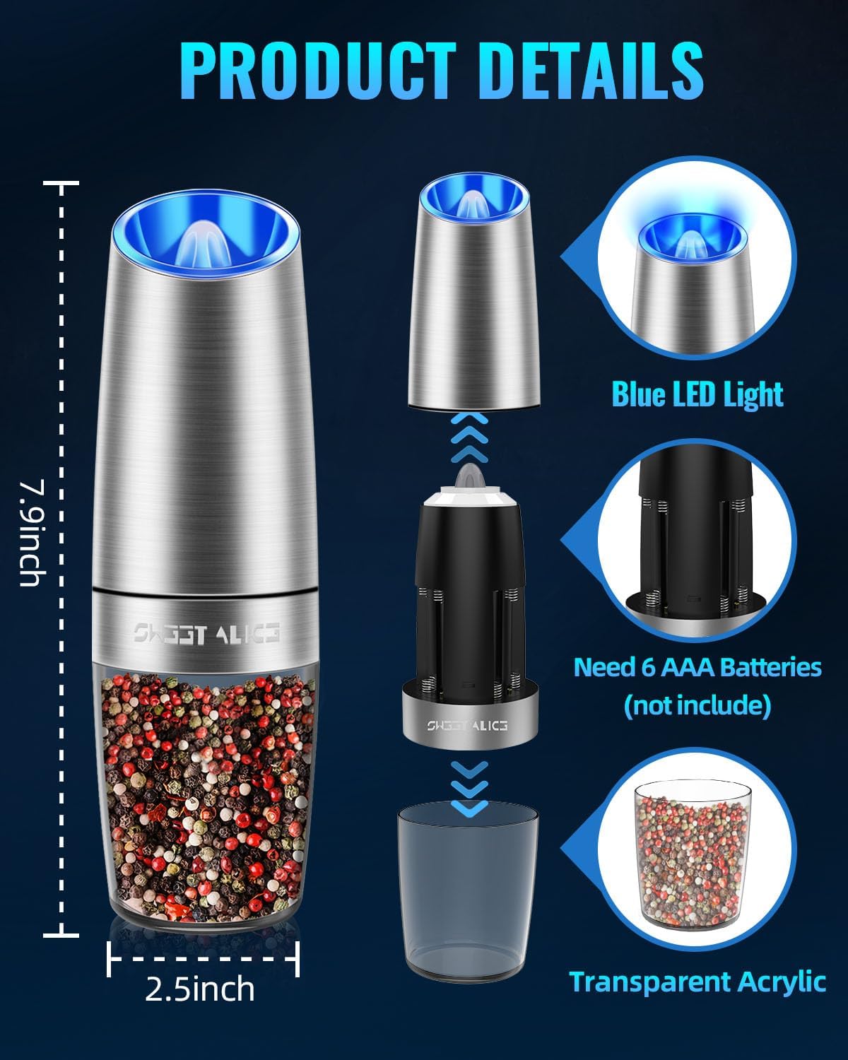 Sweet Alice Gravity Electric Pepper and Salt Grinder Set, Adjustable Coarseness, Battery Powered with LED Light, One Hand Automatic Operation, Stainless Steel Black, 2 Pack