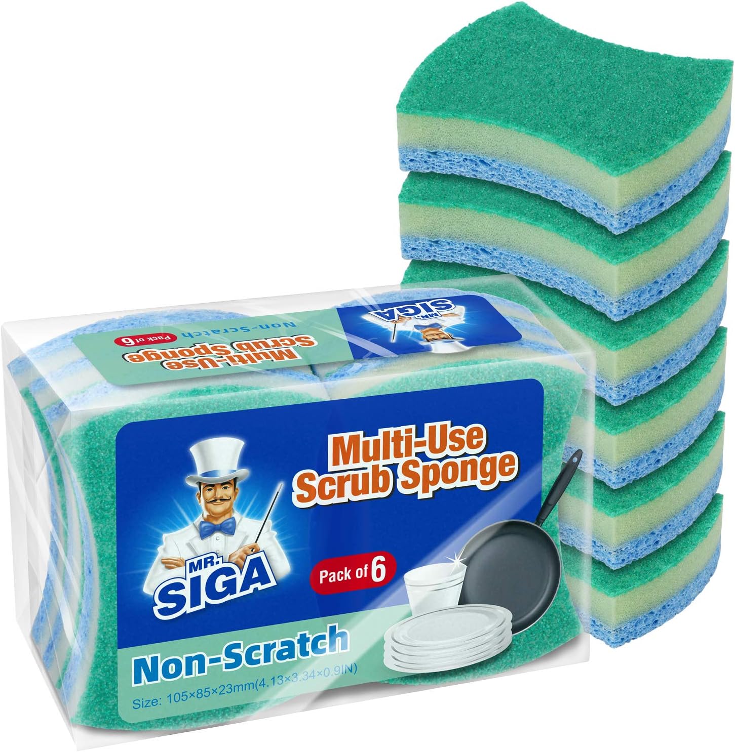 MR.SIGA Non-Scratch Cellulose Scrub Sponge, Dual-Sided Dishwashing Sponge for Kitchen, 12 Pack