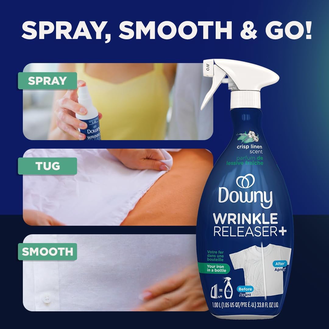Downy Wrinkle Releaser Spray | All In One Wrinkle Release Spray, Odor Eliminator, Static Remover | Fabric Refresher & Ironing Aid for Clothes | 16.9 Fl Oz (Pack of 2) & 3 FL Oz, Crisp Linen Scent