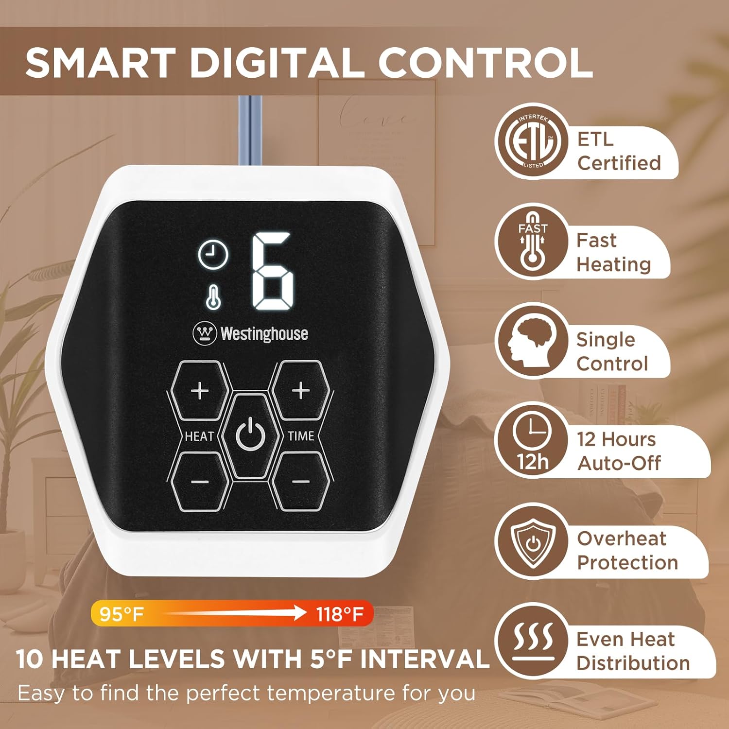 Westinghouse Heated Throw Blanket, Soft Flannel to Sherpa Electric Throw with 6 Heating Levels, 2-10 Hours Time Settings, Fast Heating, Machine Washable 50x60 Inch, Charcoal