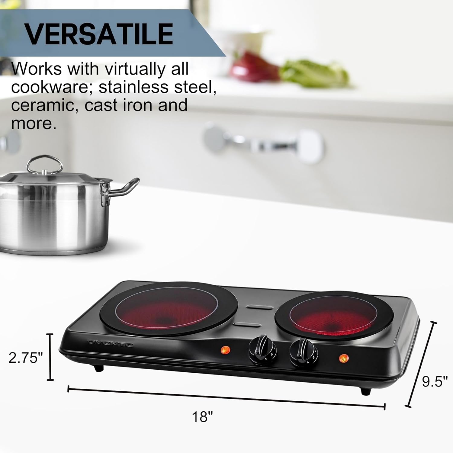 OVENTE Countertop Infrared Single Burner, 1000W Electric Hot Plate with 7” Ceramic Glass Cooktop, 5 Level Temperature Setting & Easy to Clean Base, Compact Stove for Home Dorm Office, Silver BGI101S