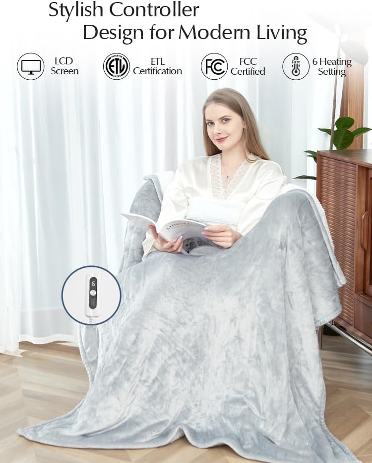 Heated Blanket Throw Size, Soft and Cozy Electric Heating Blanket for Bed, Automatic Safety System 6 Heating Levels & 4 Hours Auto-Off, 50