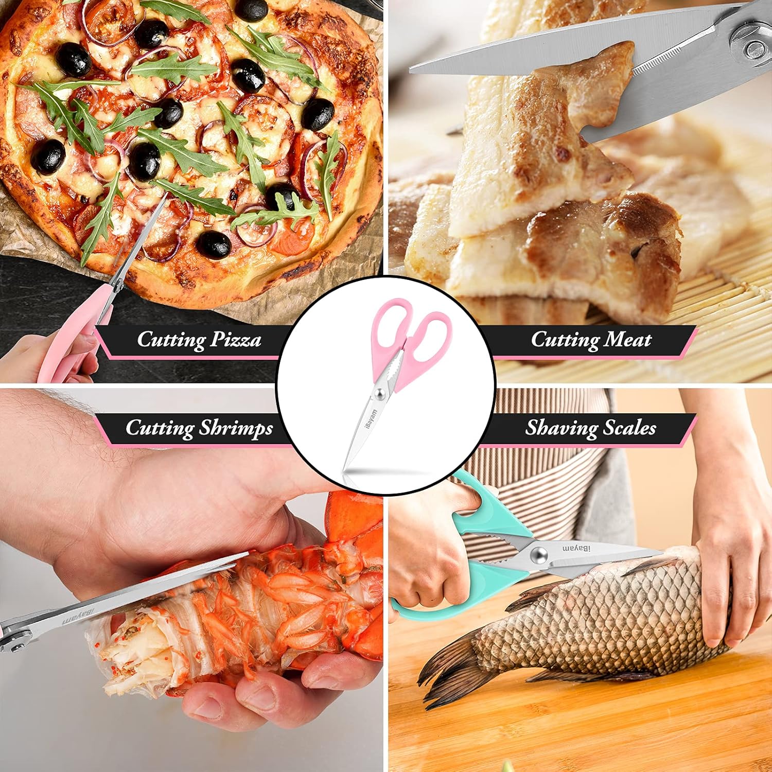 iBayam Kitchen Scissors All Purpose Heavy Duty Meat Poultry Shears, Dishwasher Safe Food Cooking Scissors Stainless Steel Utility Scissors, 2-Pack (Black Red, Black Gray)