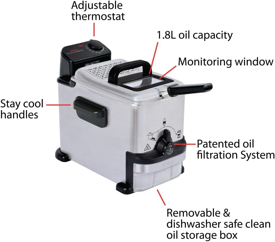 T-fal 3.5L Stainless Steel Deep Fryer with Basket, 1700W, Oil Filtration, Temp Control, Digital Timer, Dishwasher Safe Parts
