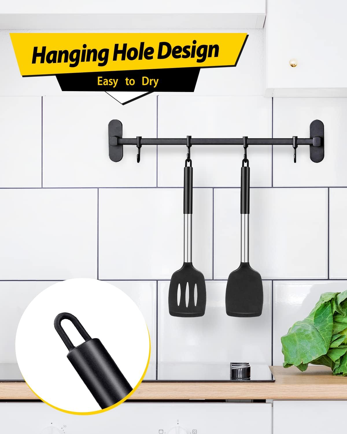 Pack of 2 Silicone Solid Turner,Non Stick Slotted Kitchen Spatulas,High Heat Resistant BPA Free Cooking Utensils,Ideal Cookware for Fish,Eggs,Pancakes (Black)