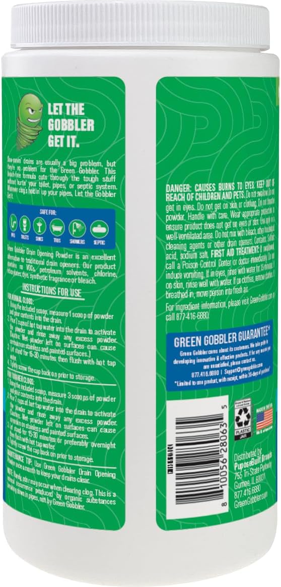 Green Gobbler Drain Clog Remover & Drain Cleaner Powder | 20+ Treatments | Drain Maintenance Breaks Down Grease, Paper, Fat & Oil | Septic Safe