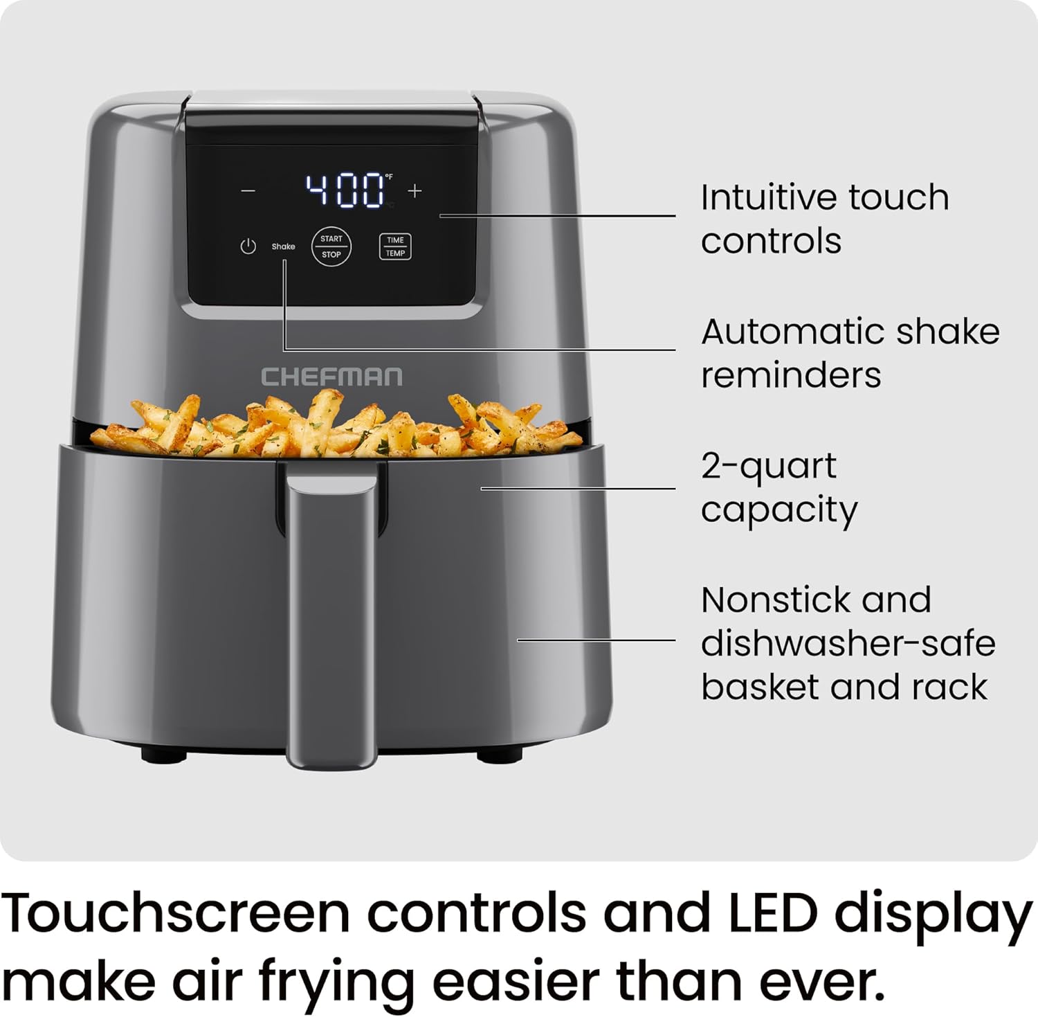 CHEFMAN 2 Qt Mini Air Fryer – Digital Space-Saving Compact Air Fryer with Nonstick and Dishwasher Safe Basket, Quick & Easy Meals in Minutes, Features Digital Timer and Shake Reminder – Grey