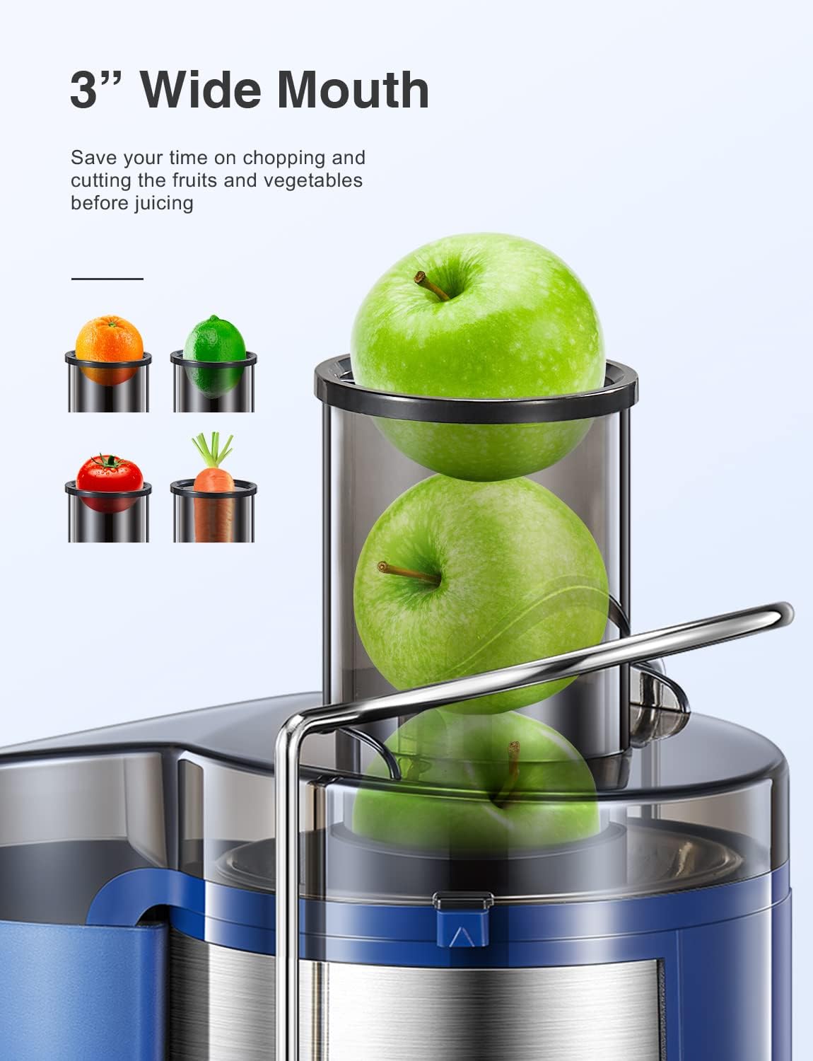 Qcen Juicer Machine, 800W Centrifugal Juicer Extractor with Wide Mouth 3” Feed Chute for Fruit Vegetable, Easy to Clean, Stainless Steel, BPA-free (Black)