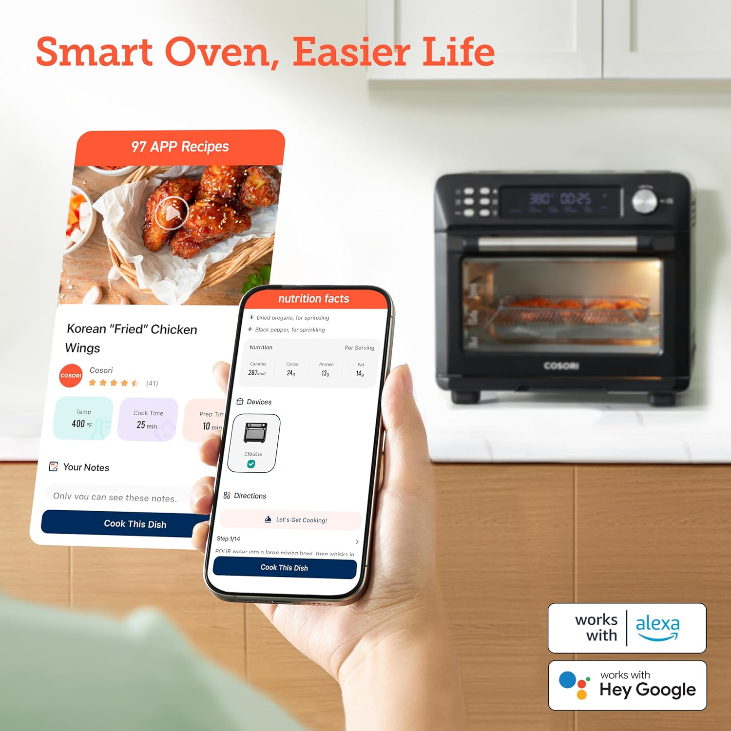 COSORI Smart 11-in-1 Air Fryer Toaster Oven Combo, Airfryer Convection Oven Countertop, Bake, Roast, Reheat, Broil, Dehydrate, 94 Recipes & 3 Accessories, 26QT, Silver, Stainless Steel