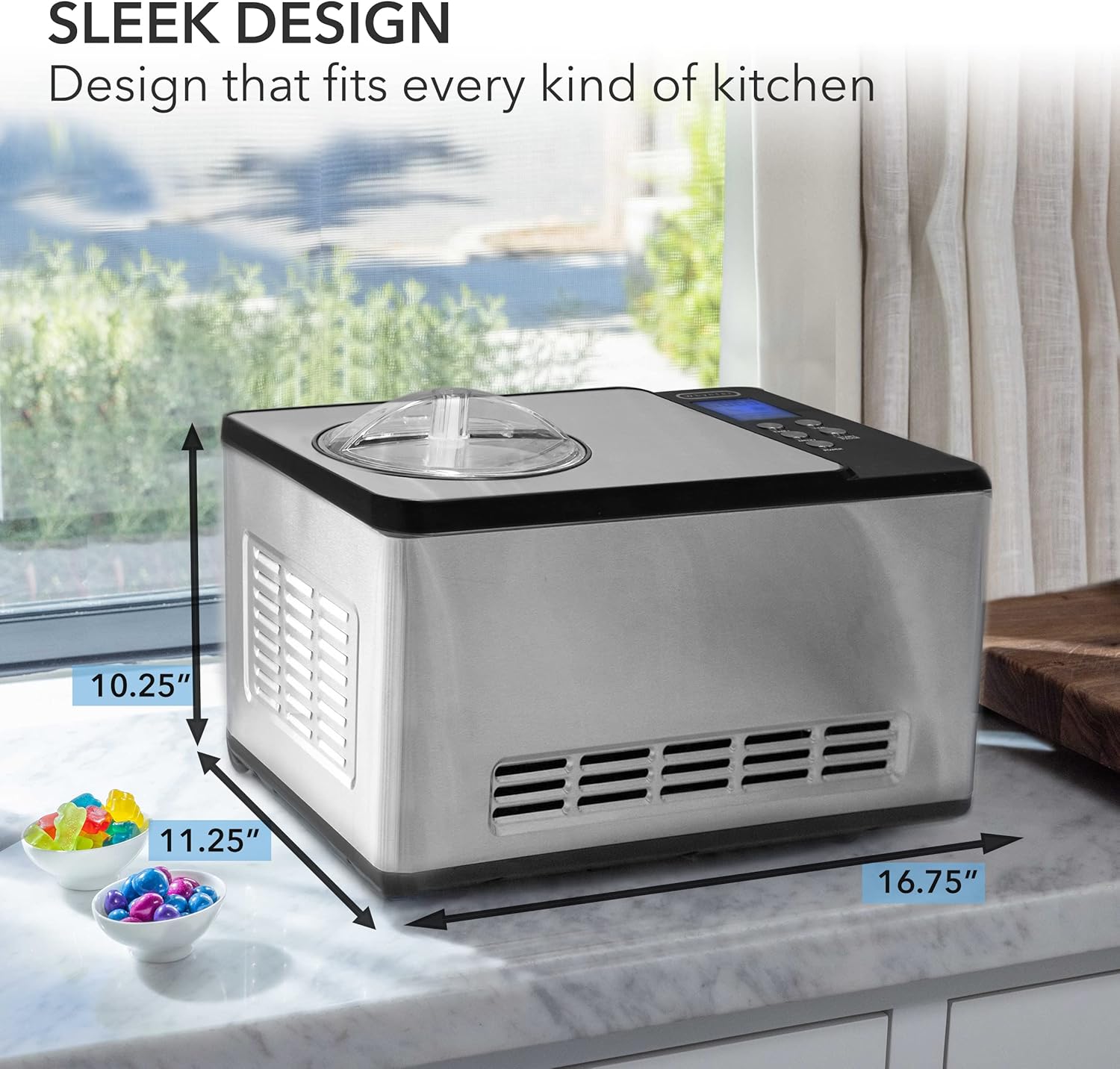 Whynter Ice Cream Maker Machine Automatic 2.1 Qt with Built-in Compressor, LCD Digital Display & Timer, No Pre-Freezing, ICM-200LS, Stainless Steel