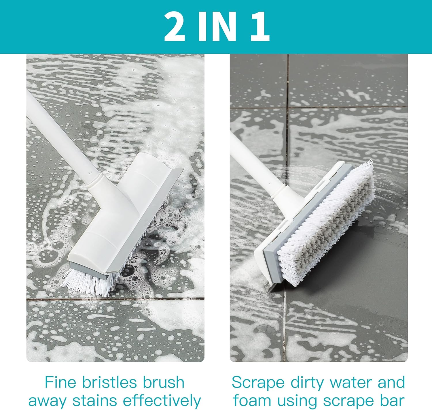 BOOMJOY Floor Scrub Brush with Long Handle, 2 in 1 Scrape and Brush, Stiff Bristles Floor Scrubber, Deck Brush for Cleaning Bathroom, Patio, Garage, Kitchen, Bath, Tile