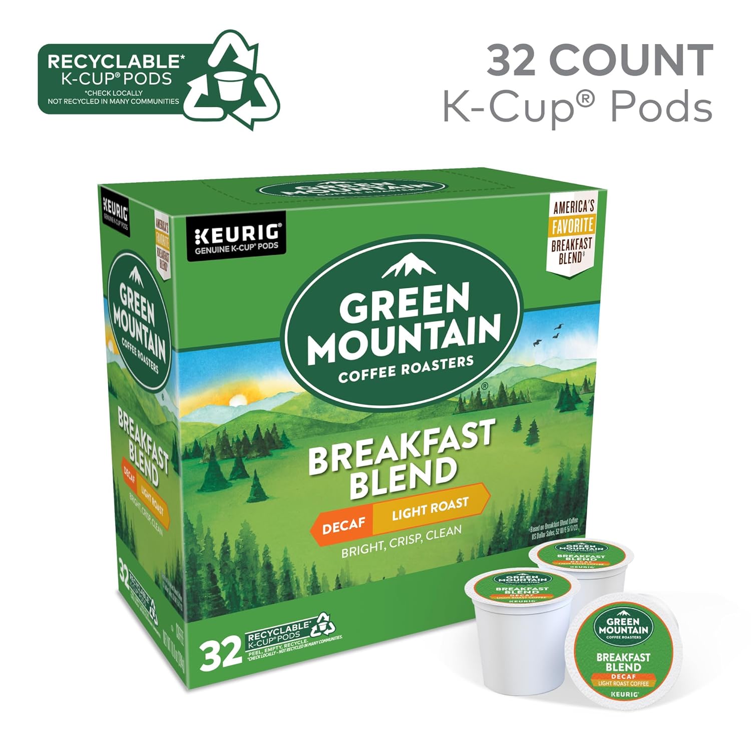 Green Mountain Coffee Roasters Breakfast Blend Single-Serve Keurig K-Cup Pods, Light Roast Coffee, 96 Count