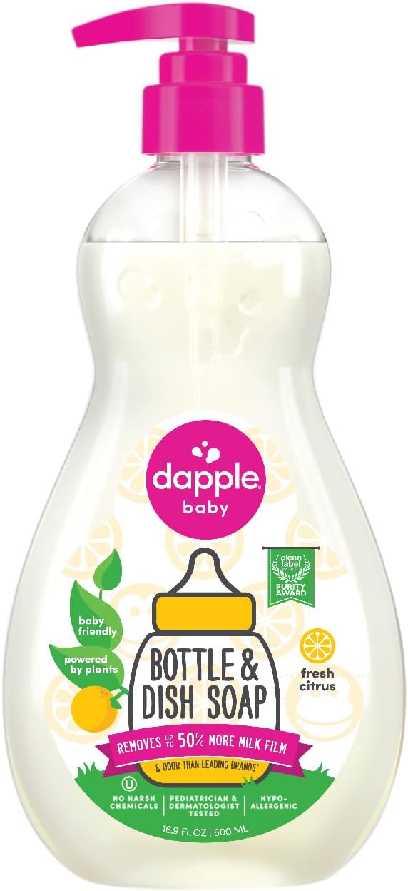Dapple Baby, Bottle and Dish Soap Dish Liquid Plant Based Hypoallergenic 1 Pump Included, Packaging May Vary, Fragrance Free, 16.9 Fl Oz (Pack of 3)