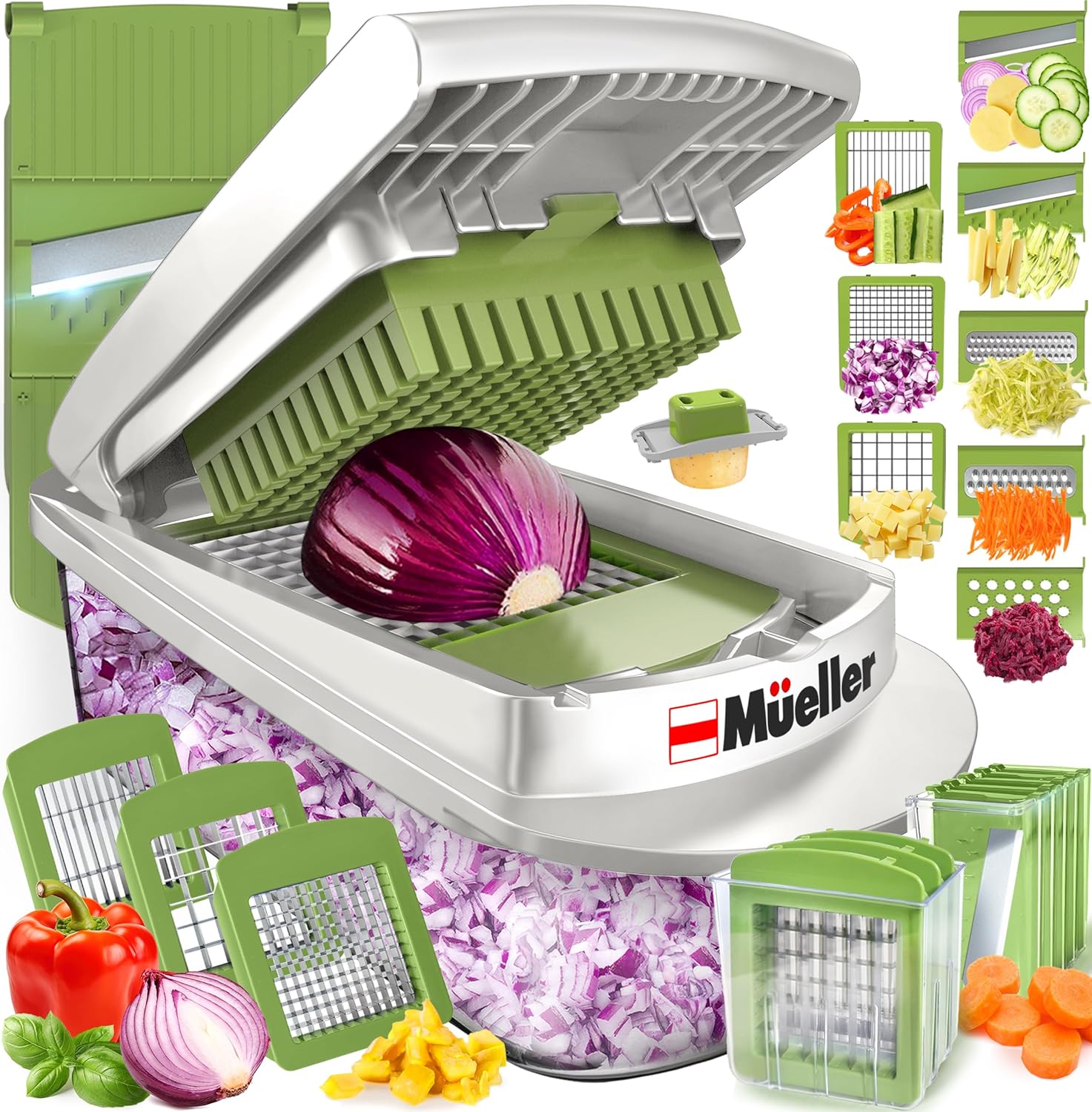Mueller Pro-Series 10-in-1, 8 Blade Vegetable Chopper, Onion Mincer, Cutter, Dicer, Egg Slicer with Container, French Fry Cutter, Potato Slicer, Home Essentials & Kitchen Gadgets, Salad Chopper