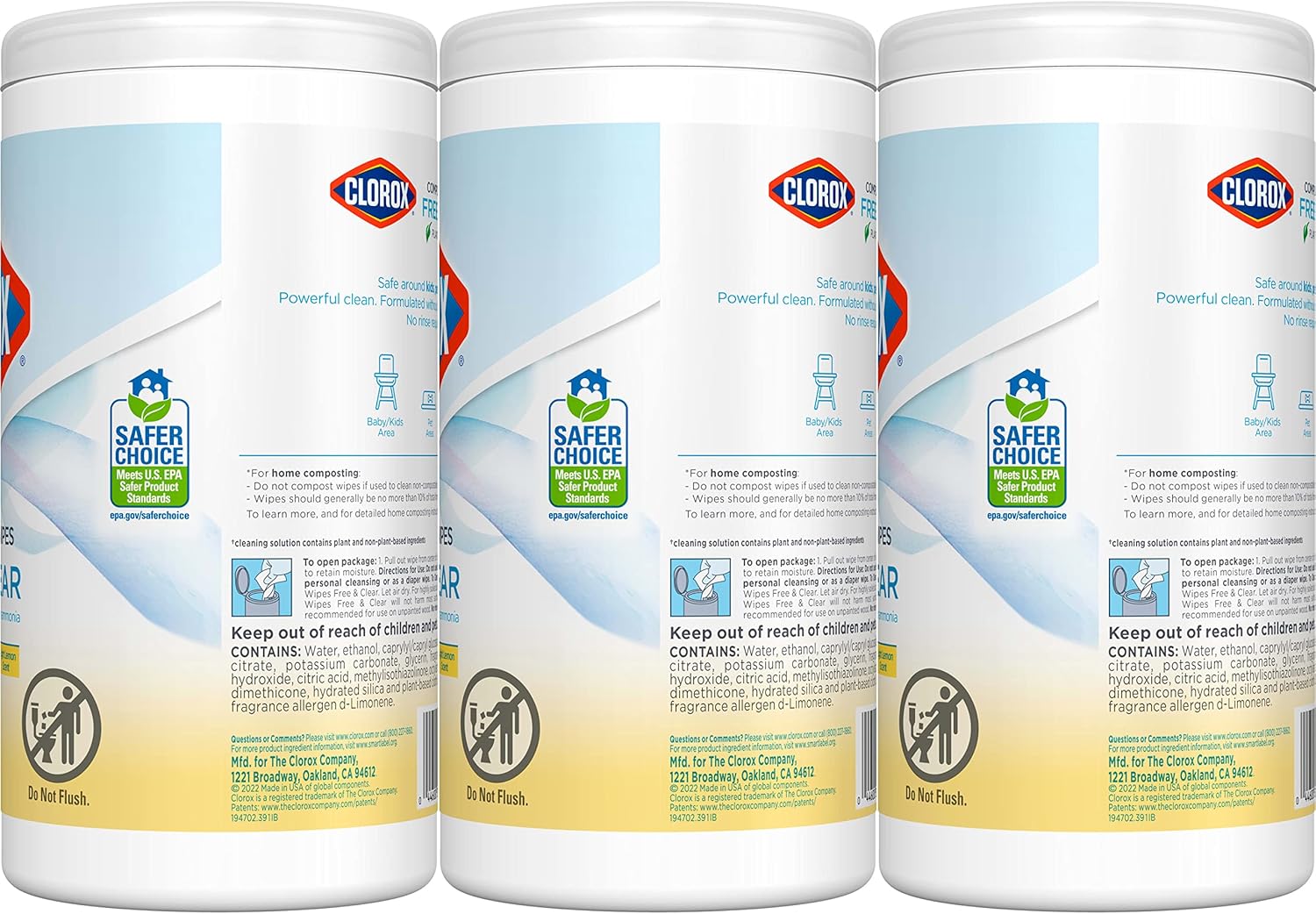 Clorox Free & Clear Compostable Cleaning Wipes, Light Lemon Scent, 75 Count, Pack of 3 (Pack May Vary)