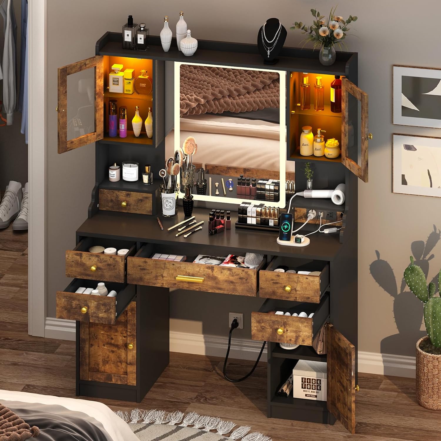 Dnxao Large Make up Vanity Desk with Mirror and Lights,3 Lights Mode and Brightness Adjusted by Touch Button, Built-in Power Strip and 6 Drawers,4 cabinets,2 cabinets with RGB Lights