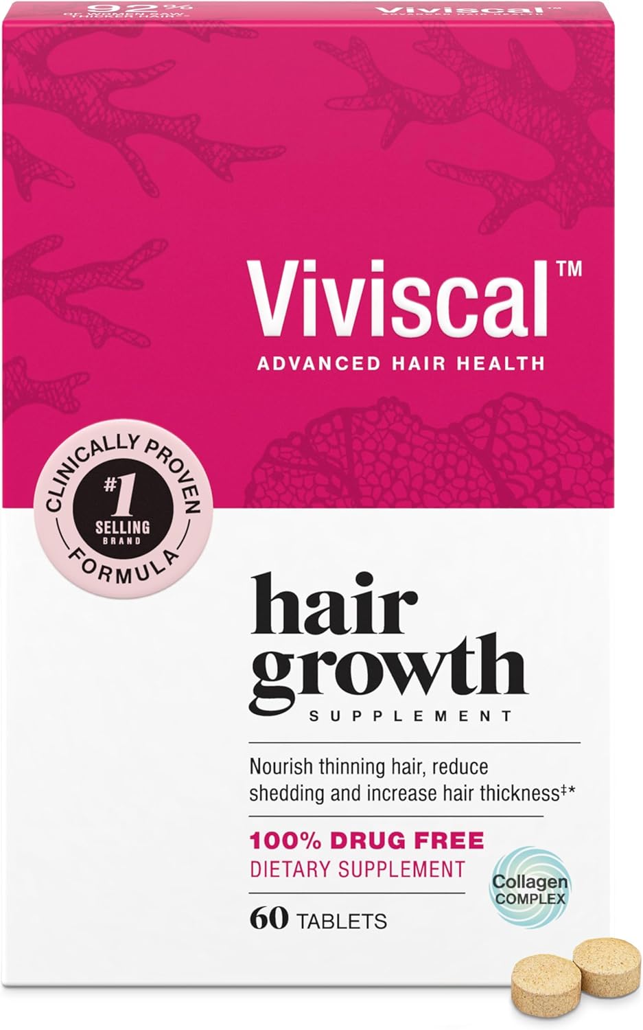 Viviscal Hair Growth Supplements for Women to Grow Thicker, Fuller Hair, Clinically Proven with Proprietary Collagen Complex, 60 Count (Pack of 1), 1 Month Supply