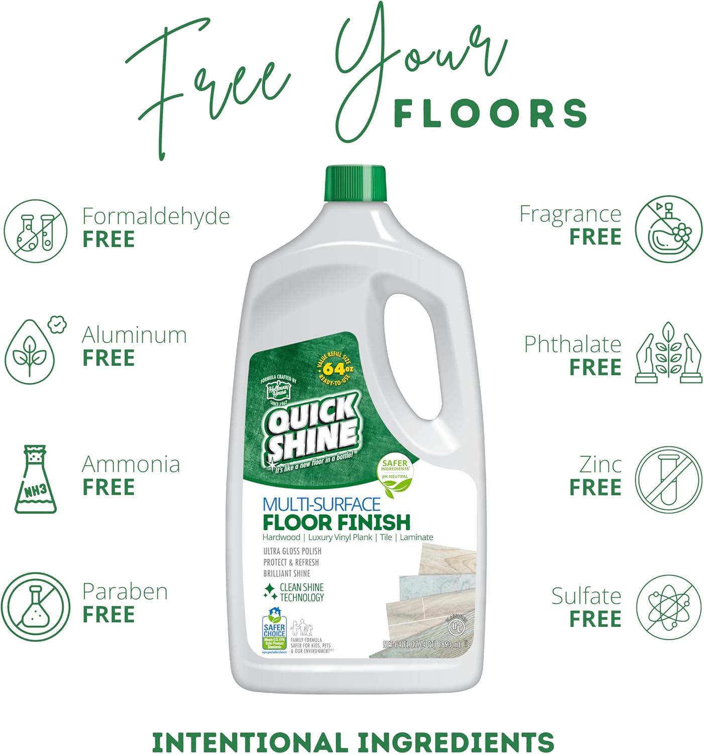 Quick Shine Multi Surface Floor Finish 64oz | Cleaner & Polish to use on Hardwood, Laminate, Luxury Vinyl Plank LVT, Tile & Stone