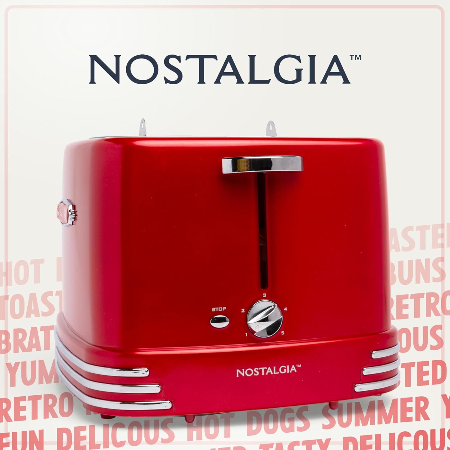 Nostalgia 2 Slot Hot Dog and Bun Toaster with Mini Tongs, Retro Toaster, Cooker that Works Chicken, Turkey, Veggie Links, Sausages Brats, Metallic Red