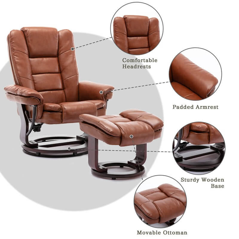 Contemporary Multi-Position Recliner and Curved Ottoman with Swivel Base