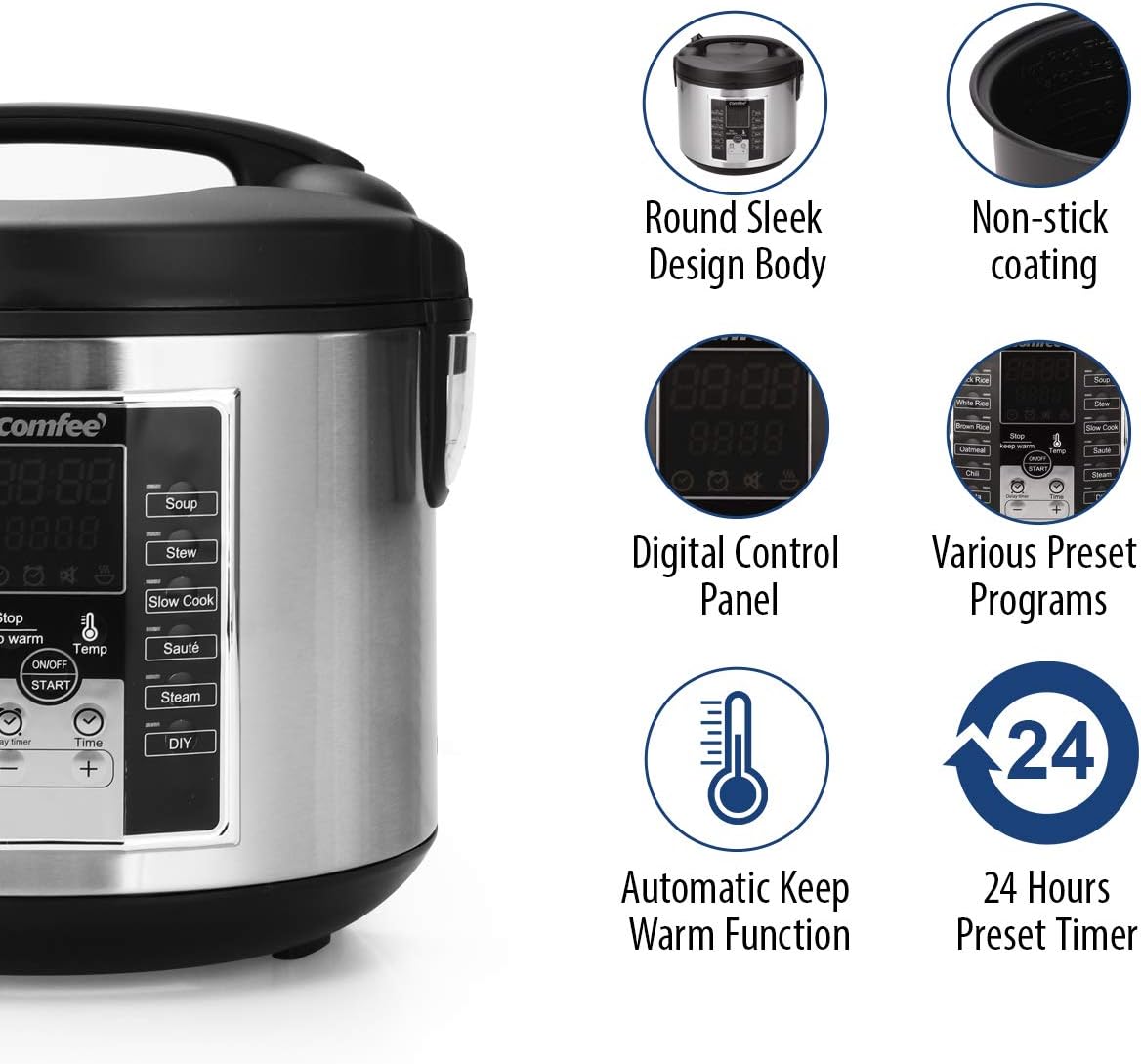 COMFEE' Compact Rice Cooker, 6-in-1 Stainless Steel Multi Cooker, Slow Cooker, Steamer, Saute, and Warmer, 2 QT, 8 Cups Cooked(4 Cups Uncooked), Brown Rice, Quinoa and Oatmeal, 6 One-Touch Programs